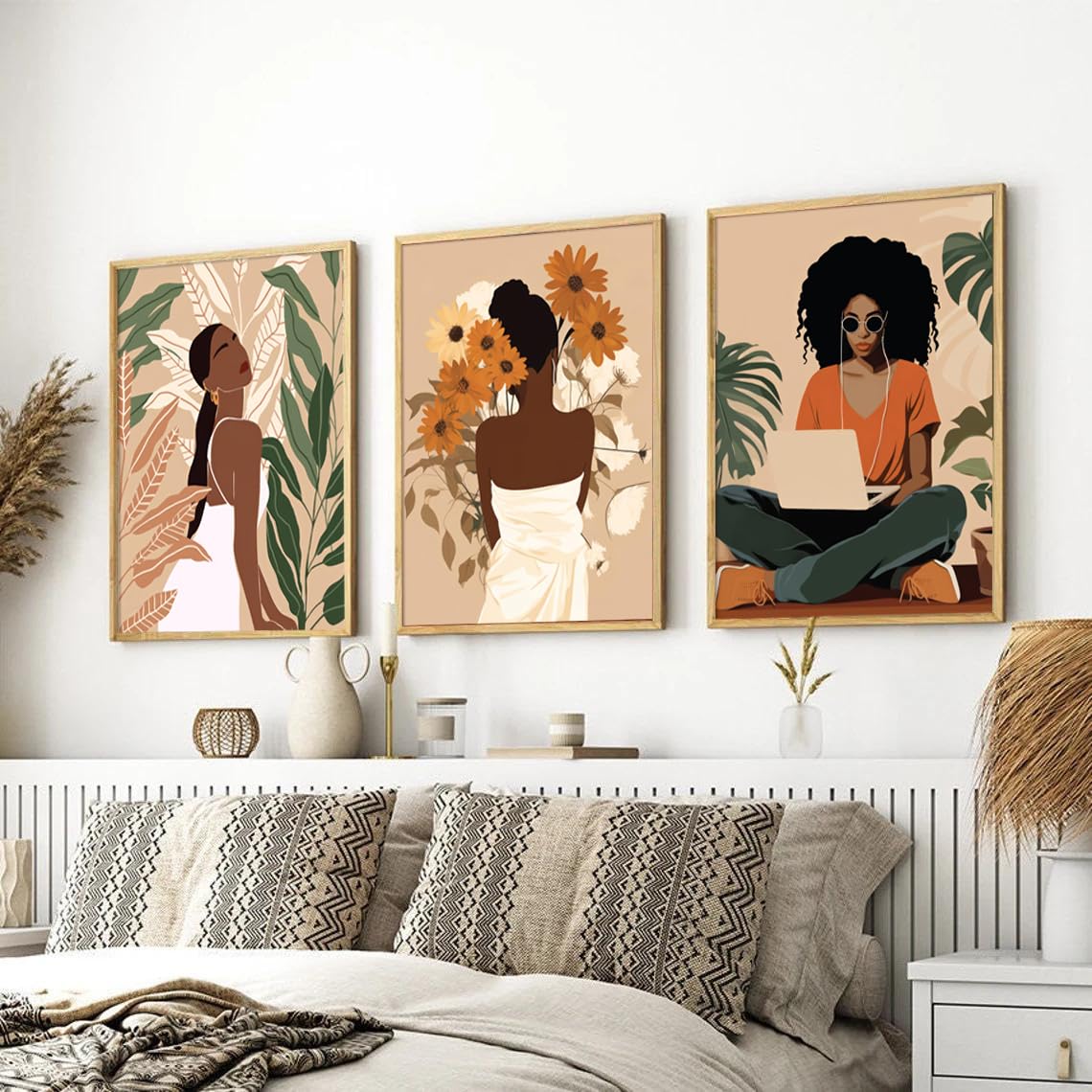 Framed Black Girl Wall Art Set of 3, Black Woman with Floral Pictures Wall Decor Paintings, Fashion African American Female Canvas Prints Home Decor for Living Room Bedroom Office 16x24 inch