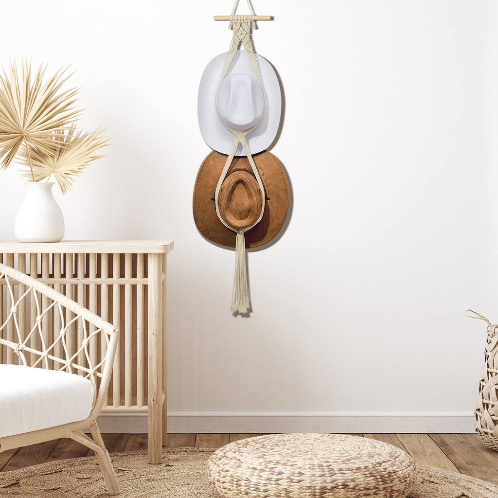 Yulejo Macrame Hat Hangers Boho Hat Rack for Wall Western Cowboy Hanging Organizer for Door Wall Room Bedroom