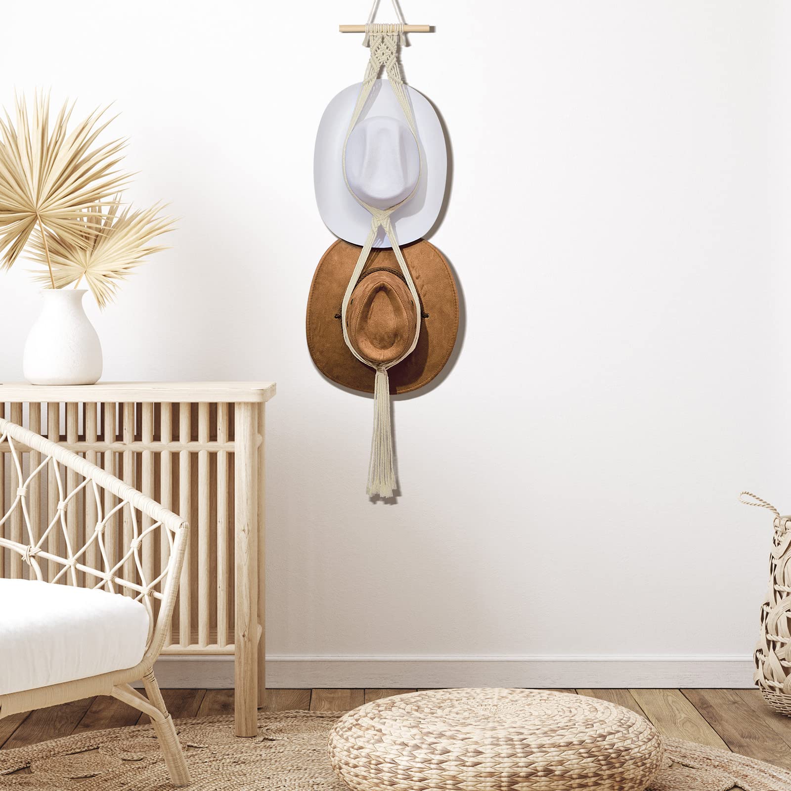 Yulejo Macrame Hat Hangers Boho Hat Rack for Wall Western Cowboy Hanging Organizer for Door Wall Room Bedroom