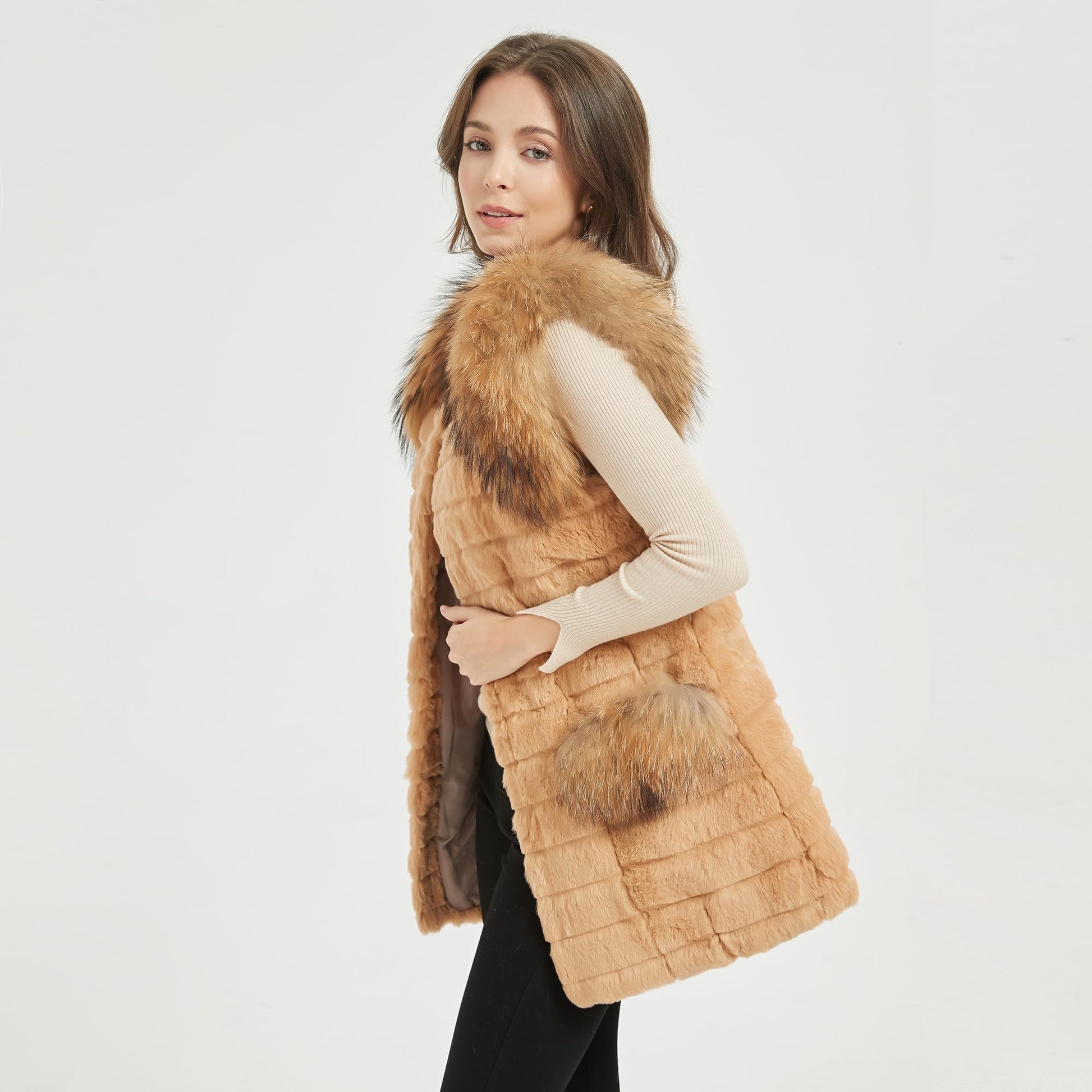Fur Story Women's Genuine Rabbit Fur Coat With Fox Fur Cuffs Warm Winter Coat Black Long Jacket