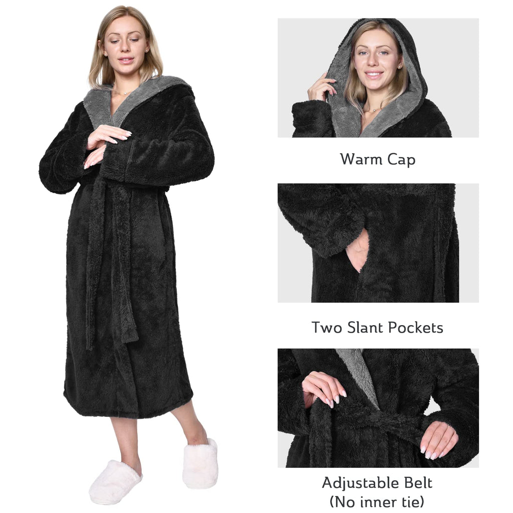 Hellomamma Long Hooded Robe for Women Luxurious Flannel Fleece Full Length Bathrobe Winter Warm Pajamas Shower Nightgown