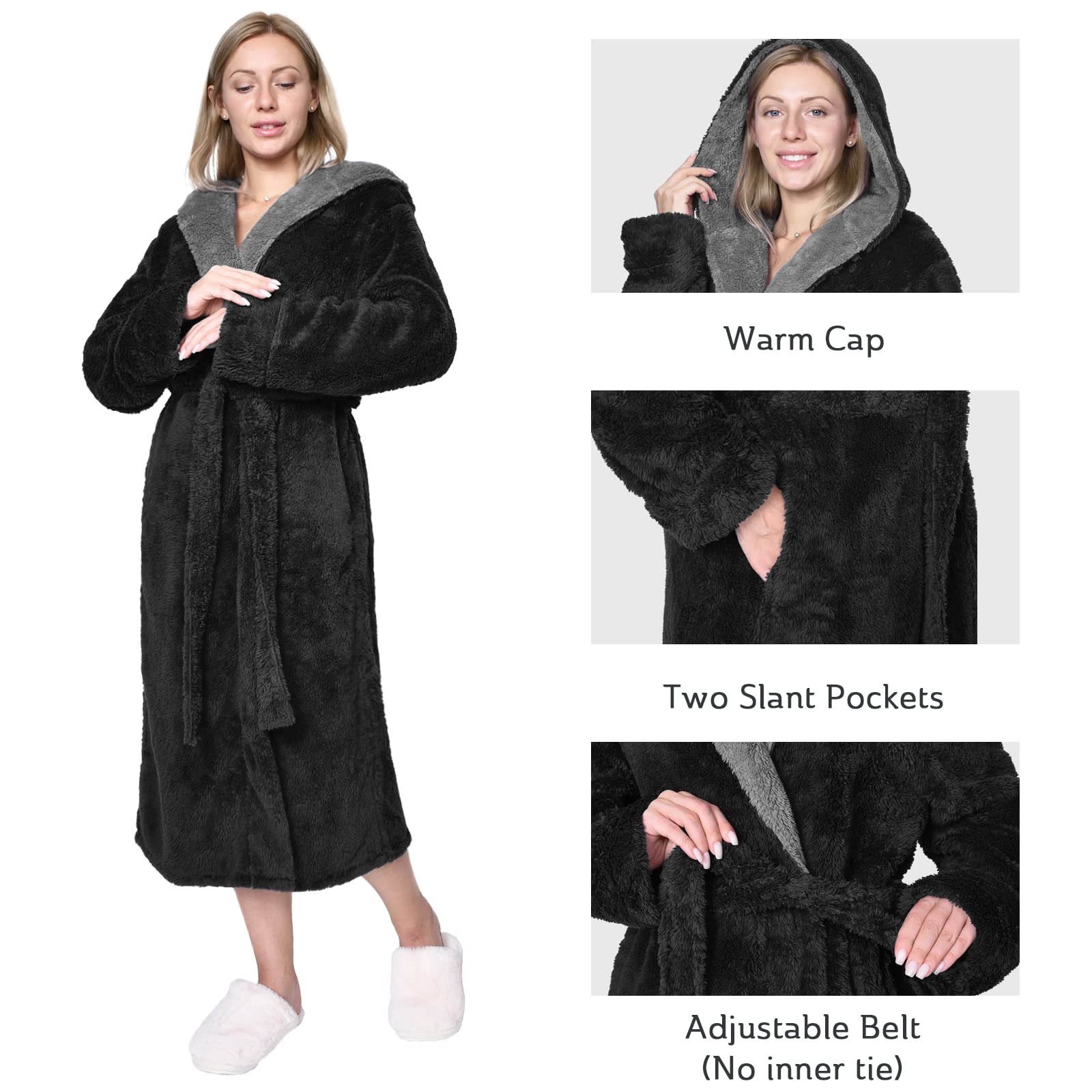 Hellomamma Long Hooded Robe for Women Luxurious Flannel Fleece Full Length Bathrobe Winter Warm Pajamas Shower Nightgown