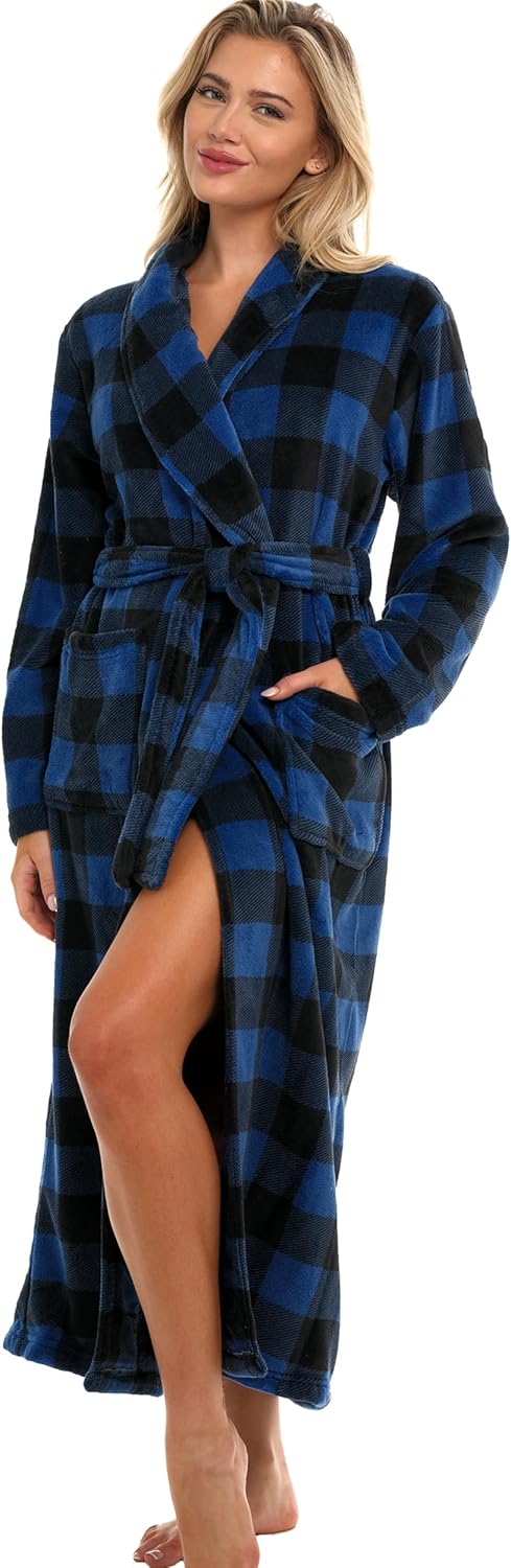 Alexander Del Rossa Plush Striped Robe for Women, Long Fleece Plaid Winter Bath Robe, Plus Size