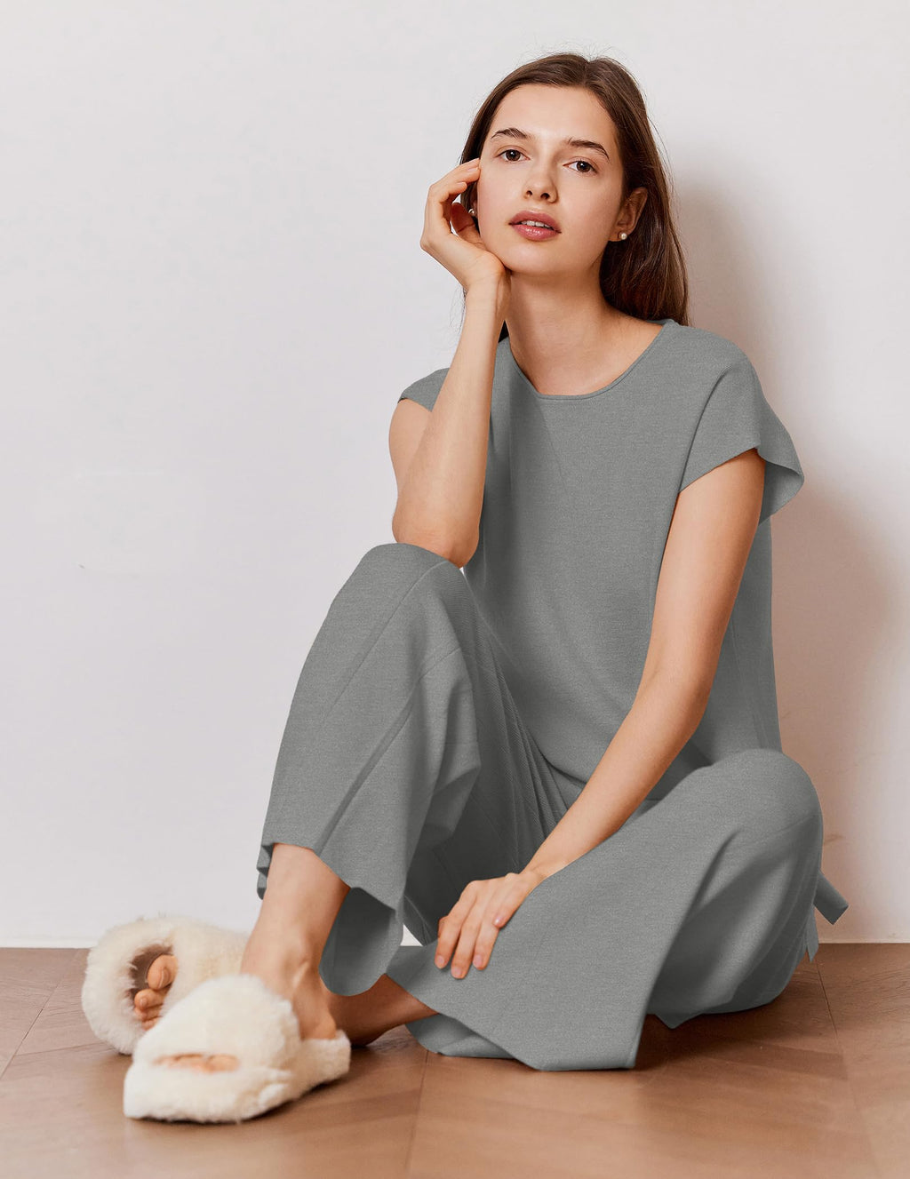 Ekouaer Lounge Sets for Women Two Piece Outfits Knit Cap Sleeve Tops Wide Leg Pleated Pants Casual Dressy Sweater Sets