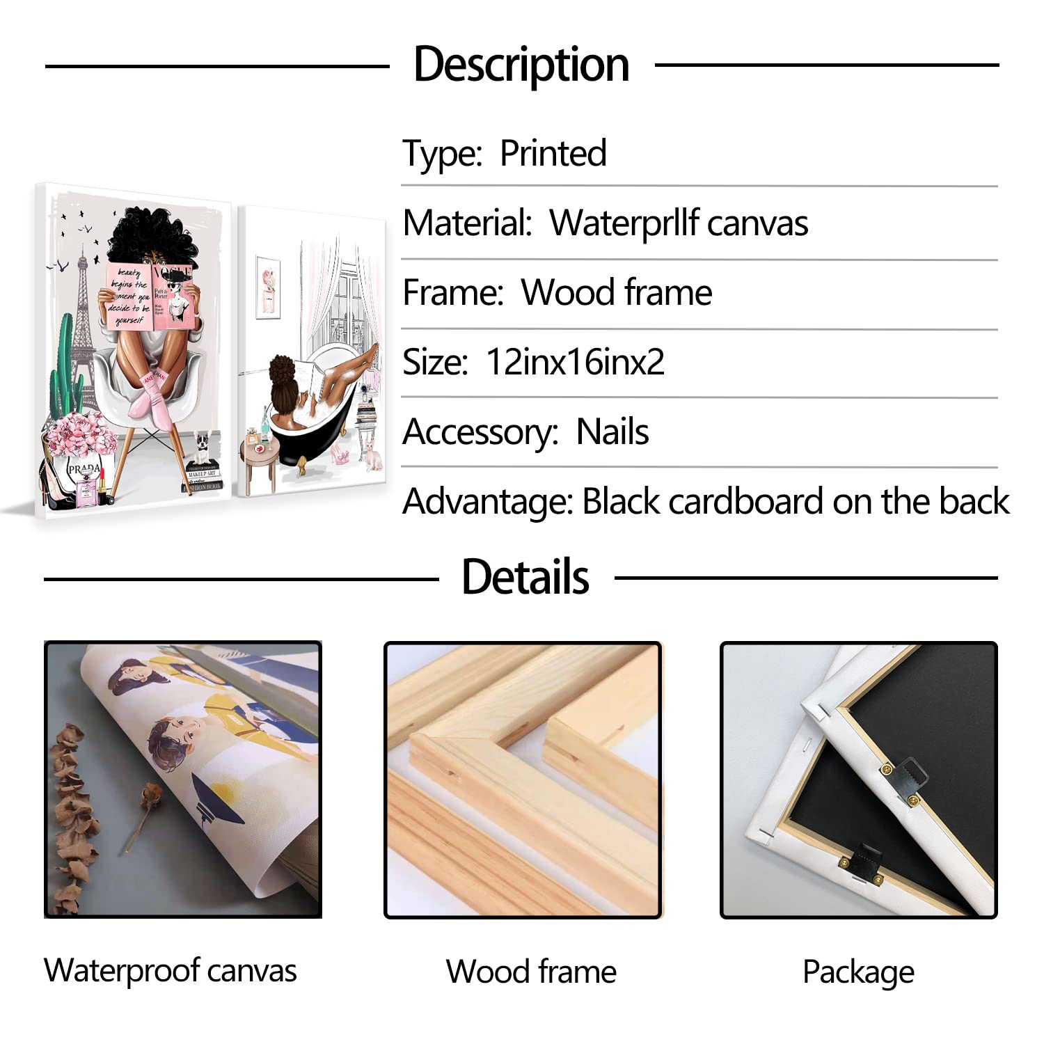 2 Pieces Framed African American Wall Art Modern Fashion Paris Pink White Afro Black Girls Women Canvas Wall Decor Pictures Posters Prints Artwork for Bathroom Living Room Bedroom Home Decoration