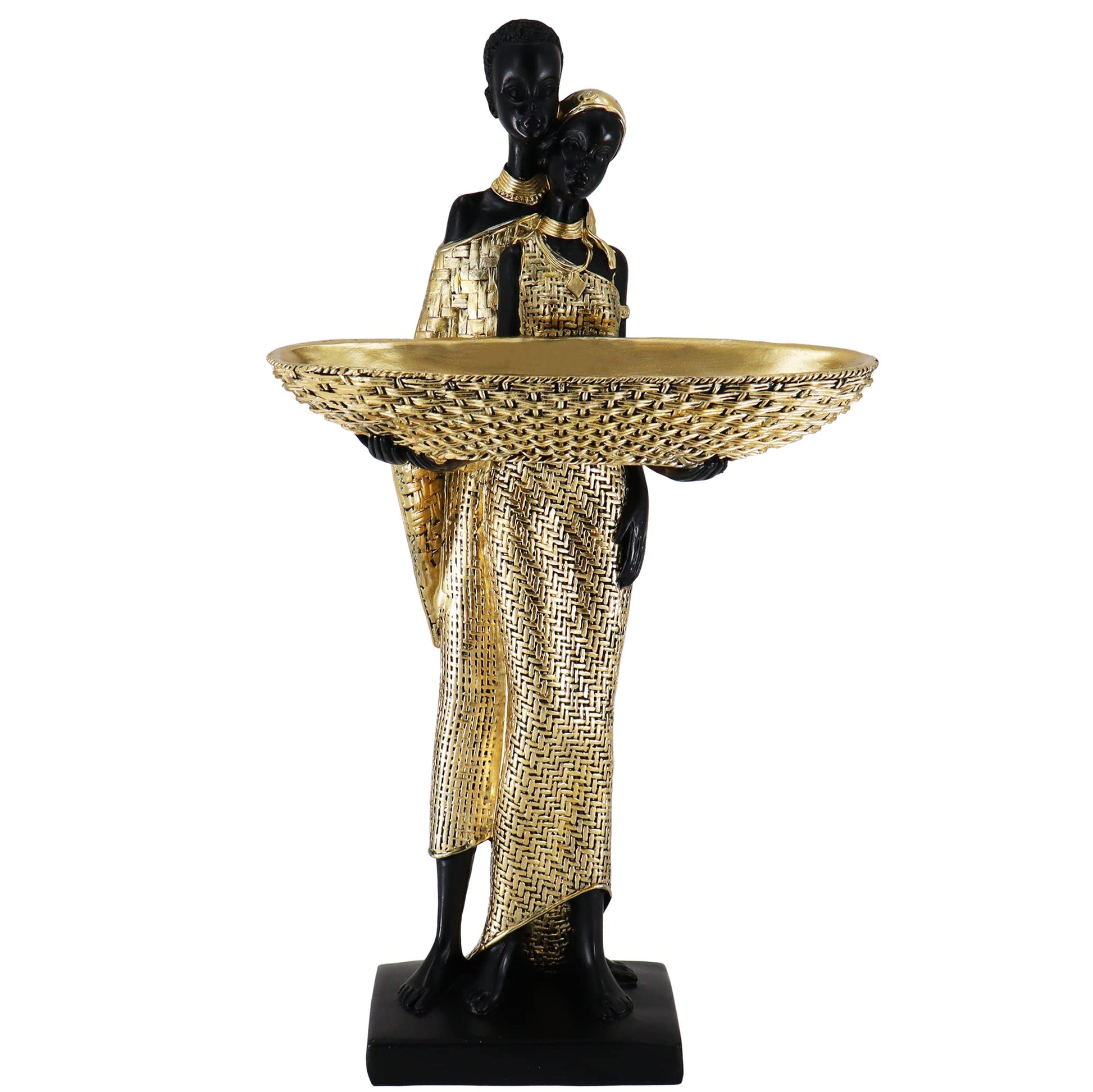 Handmade African Tribal Woman Sculpture - Gold Adorned Seated Figure with Basket, Vintage Resin Statue for Home Decor, Unique Housewarming Gift for Shelf/Table (9.65" H)
