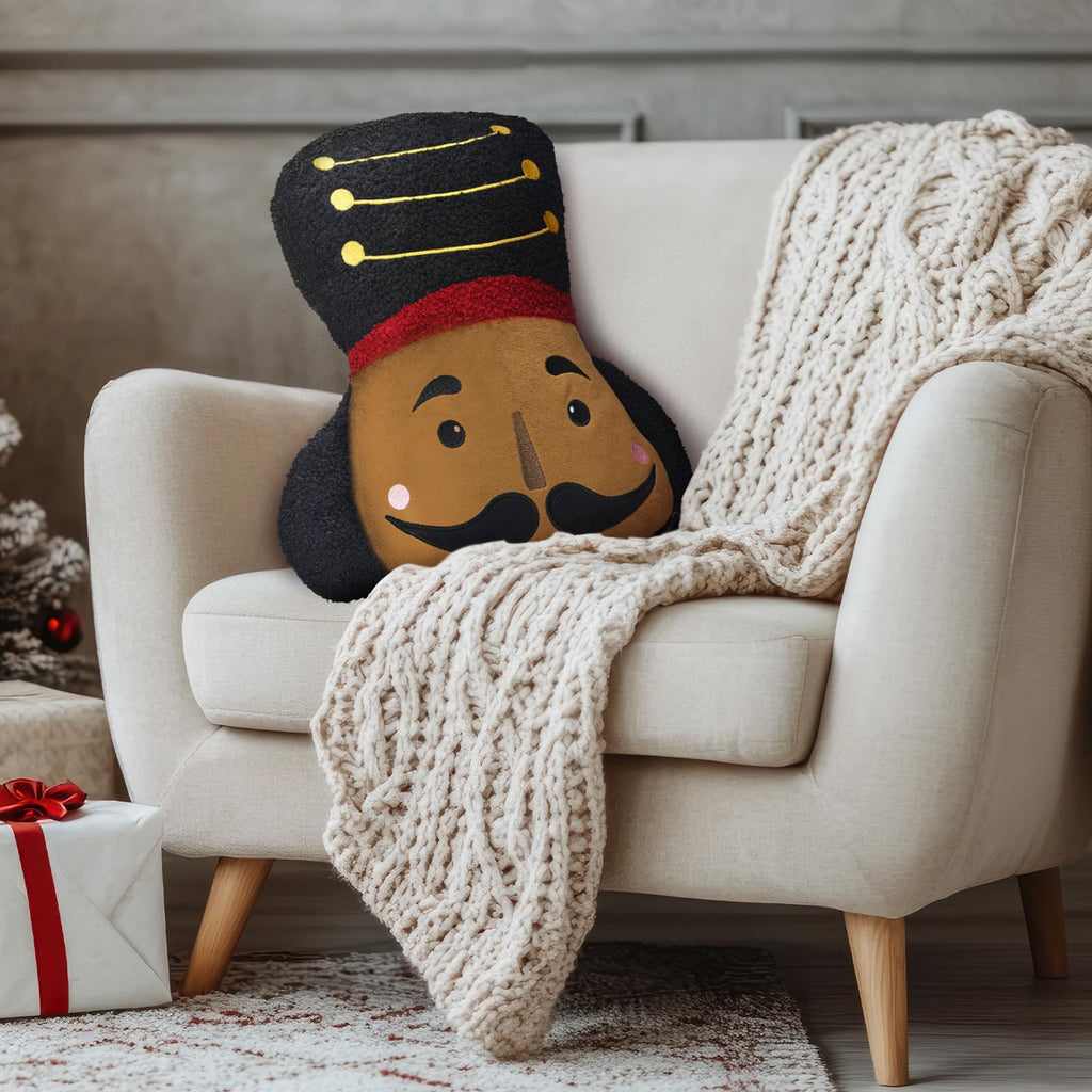 Nutcracker Christmas Throw Pillow Christmas Nutcracker Shaped Decoration Decorative Cushion 14.5‘' x 13‘' Faux Rabbit Fur Embroidered Pillow Xmas Gift for Home Sofa Chair Bed(African American)
