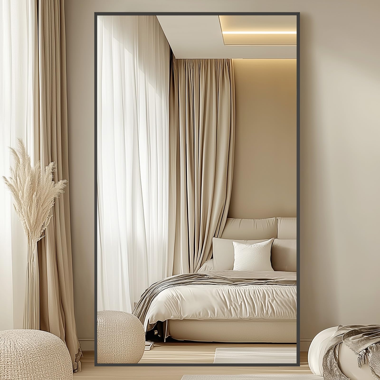 Oversized Floor Mirror Full Length with Stand, 72"X44" Extra Large Arch Standing Mirror Full Length, Tempered Glass Black Full Body Mirror for Bedroom Living Room, Aluminum Alloy Frame