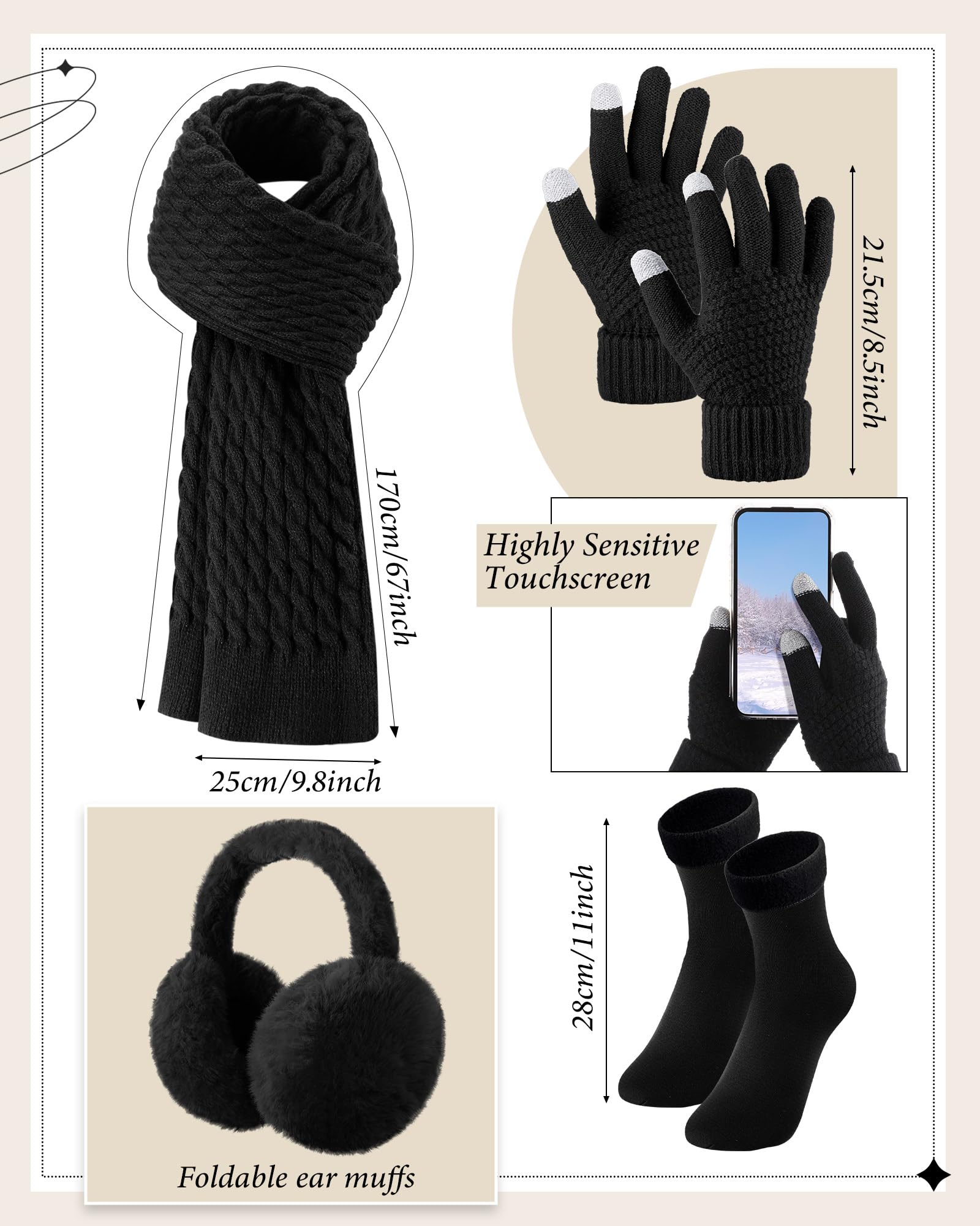 Geyoga 6 Pcs Winter Warm Set for Women Warm Beanies Hats Touchscreen Gloves Long Scarf Ear Muffs Socks Winter Gifts for Women