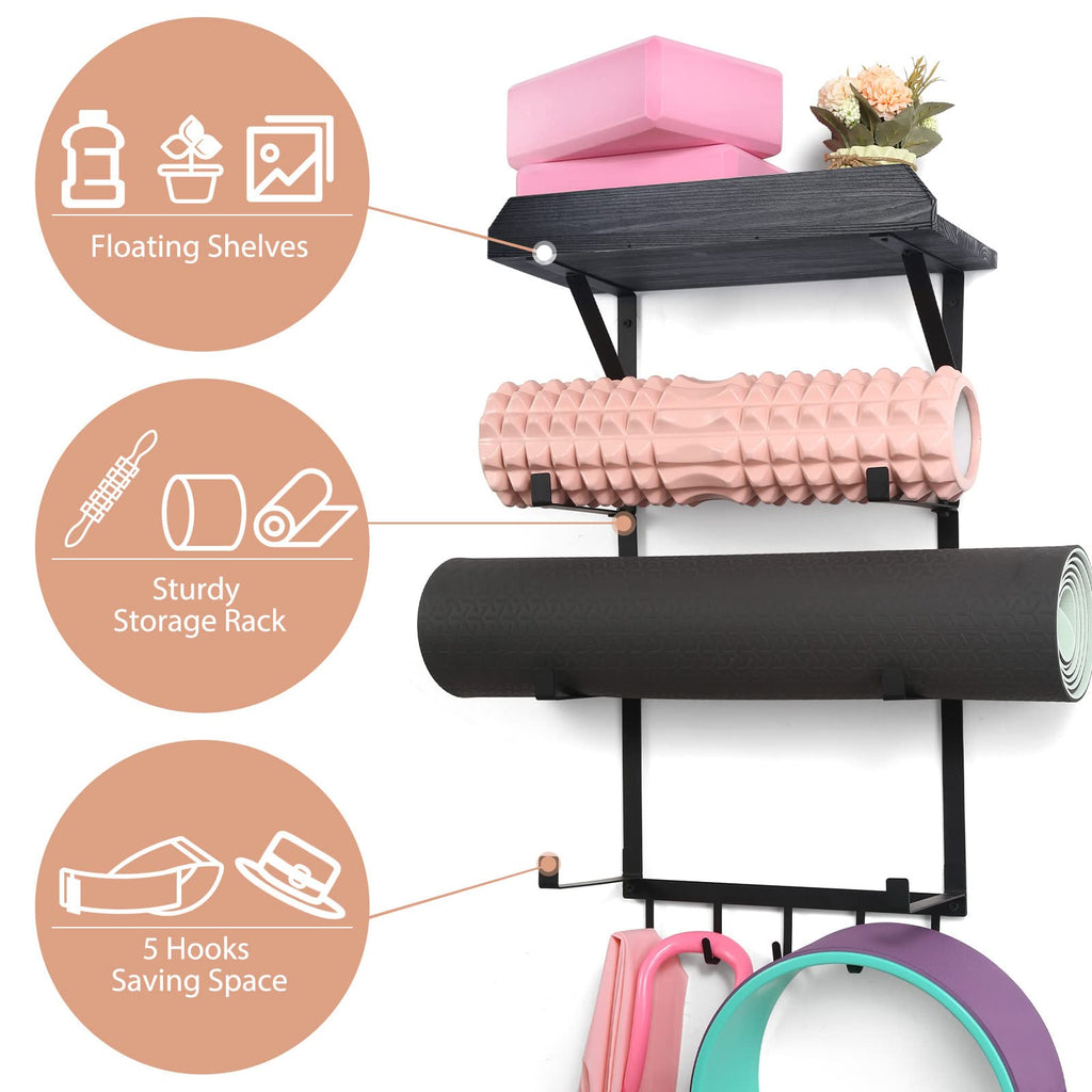 Yoga Mat Holder Wall Mount,17" x 28" Yoga Mat Rack Home Gym Accessories, Storage for Foam Roller, with Wood Floating Shelves and 5 Hooks for Hanging Yoga Strap and Resistance Bands