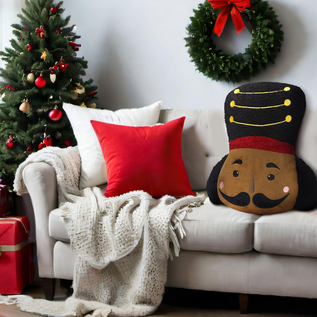 Nutcracker Christmas Throw Pillow Christmas Nutcracker Shaped Decoration Decorative Cushion 14.5‘' x 13‘' Faux Rabbit Fur Embroidered Pillow Xmas Gift for Home Sofa Chair Bed(African American)