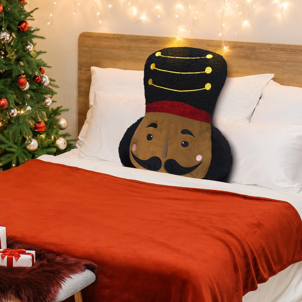 Nutcracker Christmas Throw Pillow Christmas Nutcracker Shaped Decoration Decorative Cushion 14.5‘' x 13‘' Faux Rabbit Fur Embroidered Pillow Xmas Gift for Home Sofa Chair Bed(African American)
