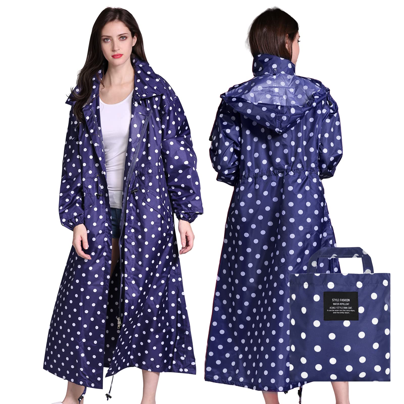 LAMA Womens Long Raincoats Rain Jacket Waterproof Packable Hooded Windbreaker Lightweight Adjustable Waist for Outdoor