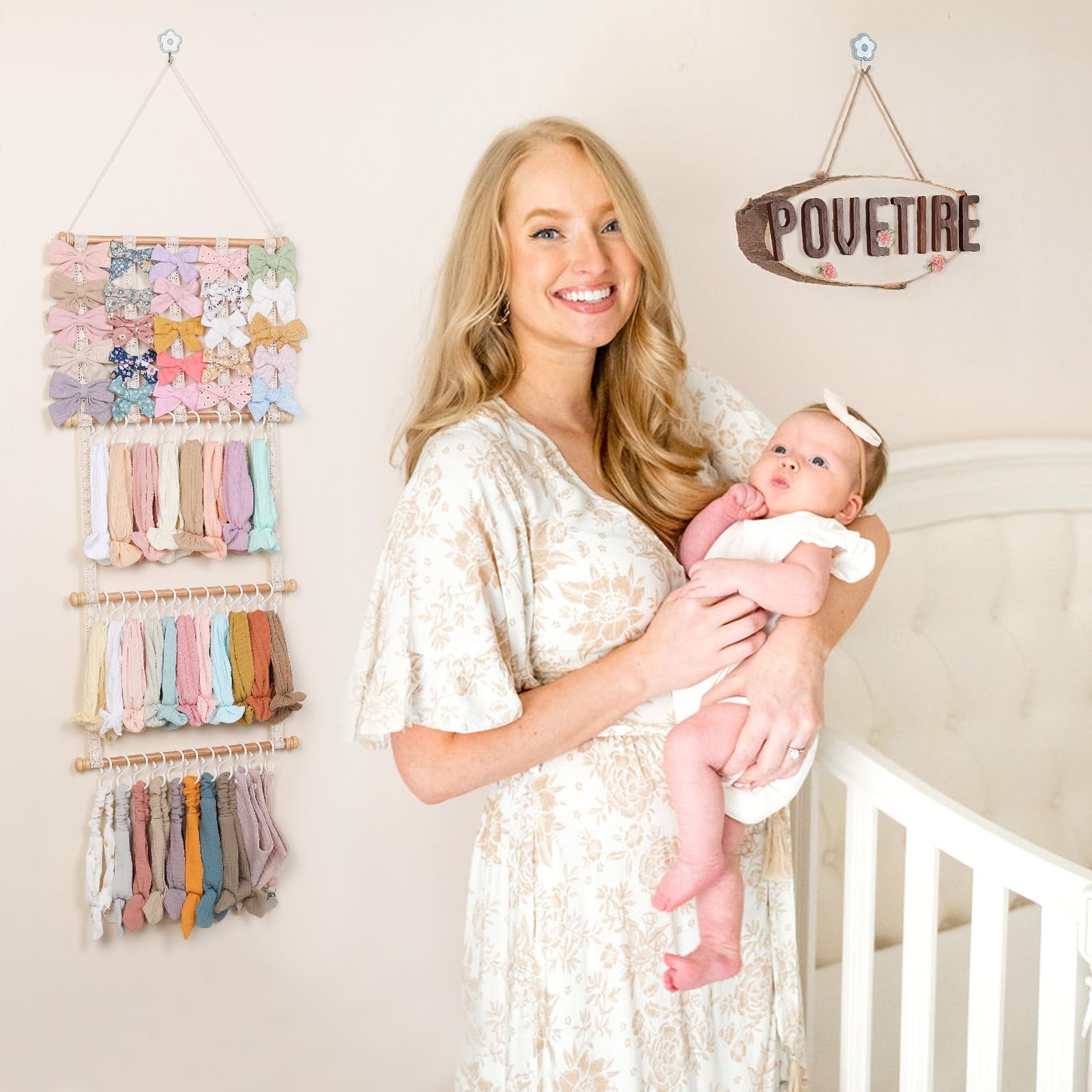 POVETIRE Headband Holder Hair Bows Organizer for Girls, Baby Headbands Hair Accessories Organizer Storage Wall Hanging Decor for Toddler Girls Room