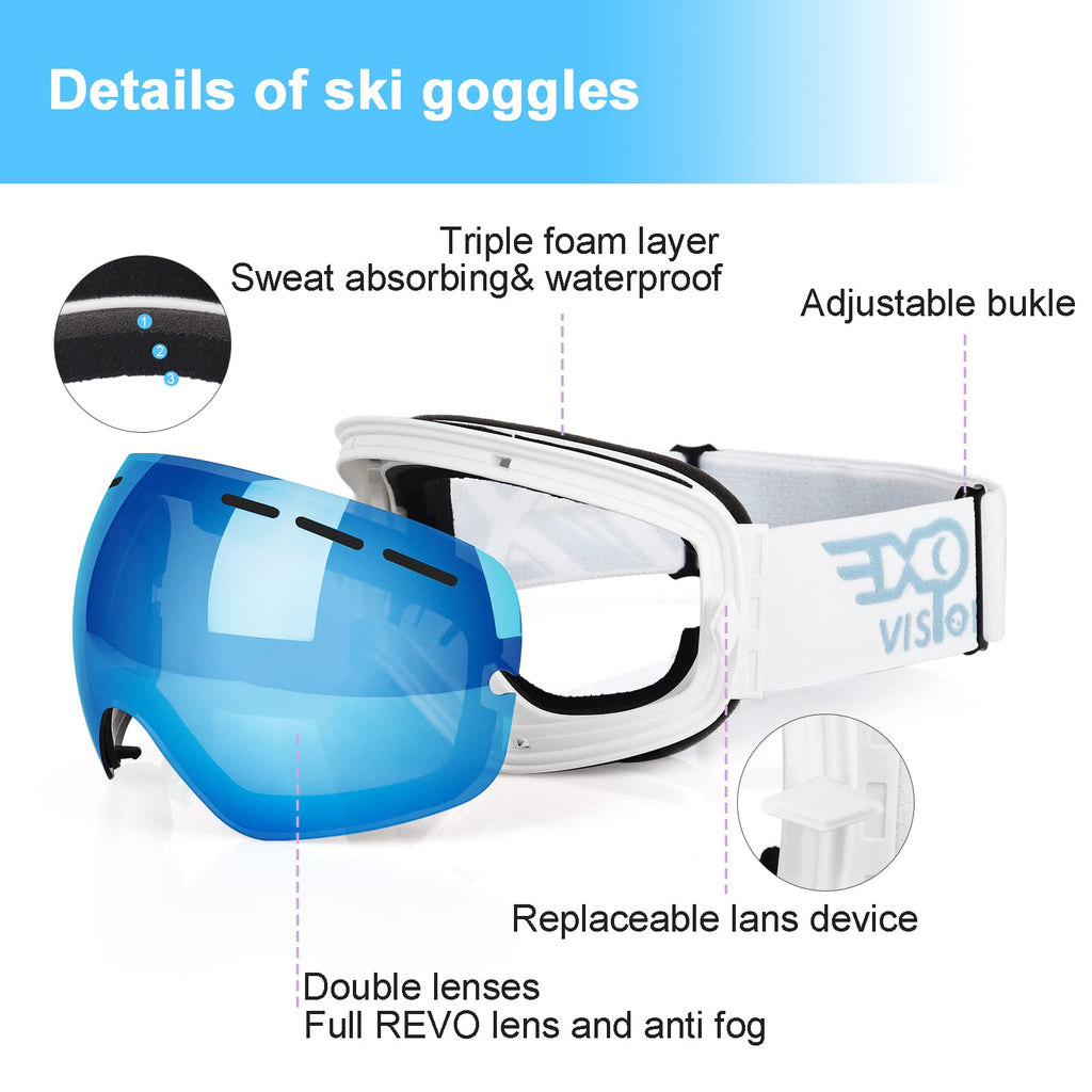 EXP VISION Snowboard Ski Goggles Men Women Youth, Anti Fog OTG Winter Snow Goggles Spherical Detachable Lens