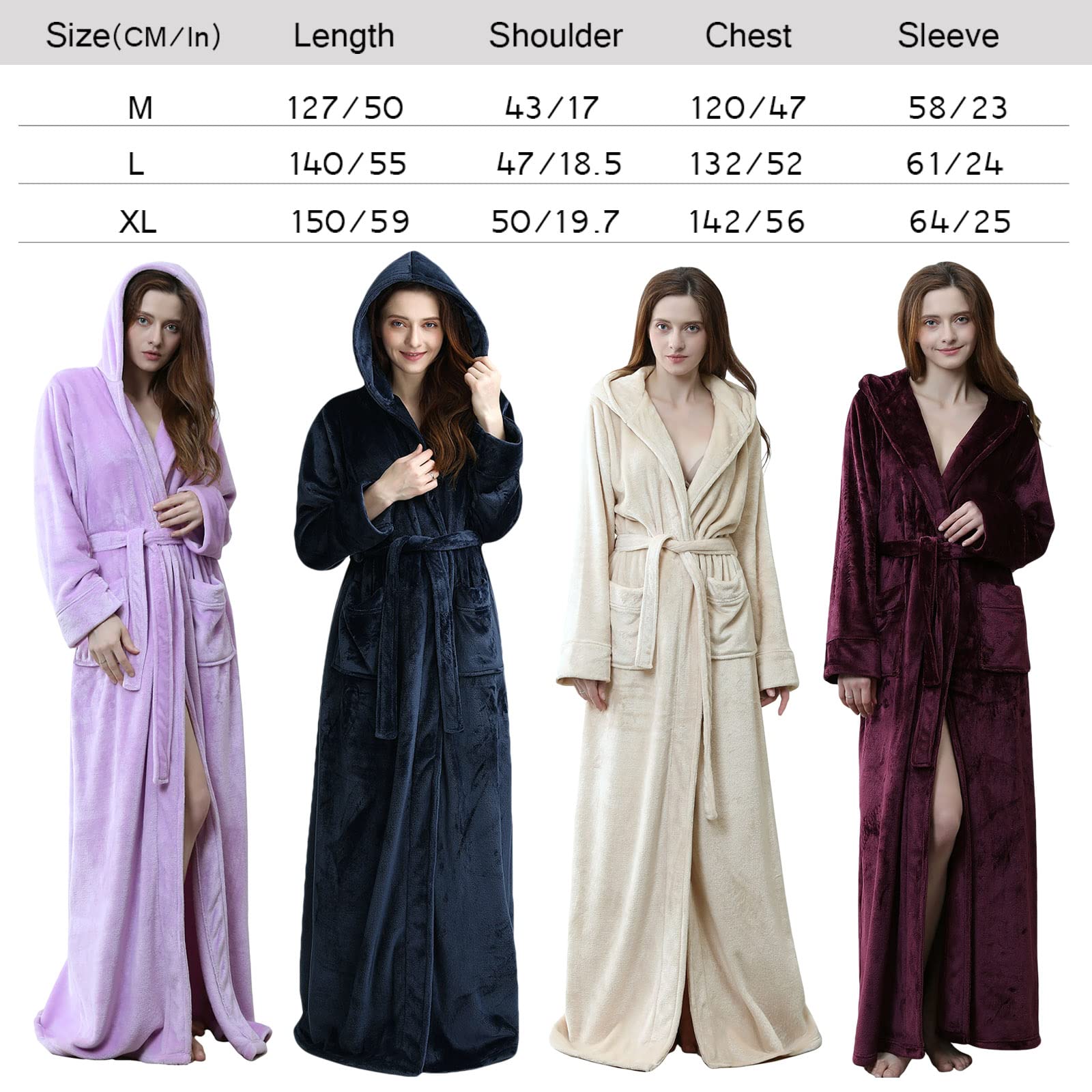 Hellomamma Long Hooded Robe for Women Luxurious Flannel Fleece Full Length Bathrobe Winter Warm Pajamas Shower Nightgown