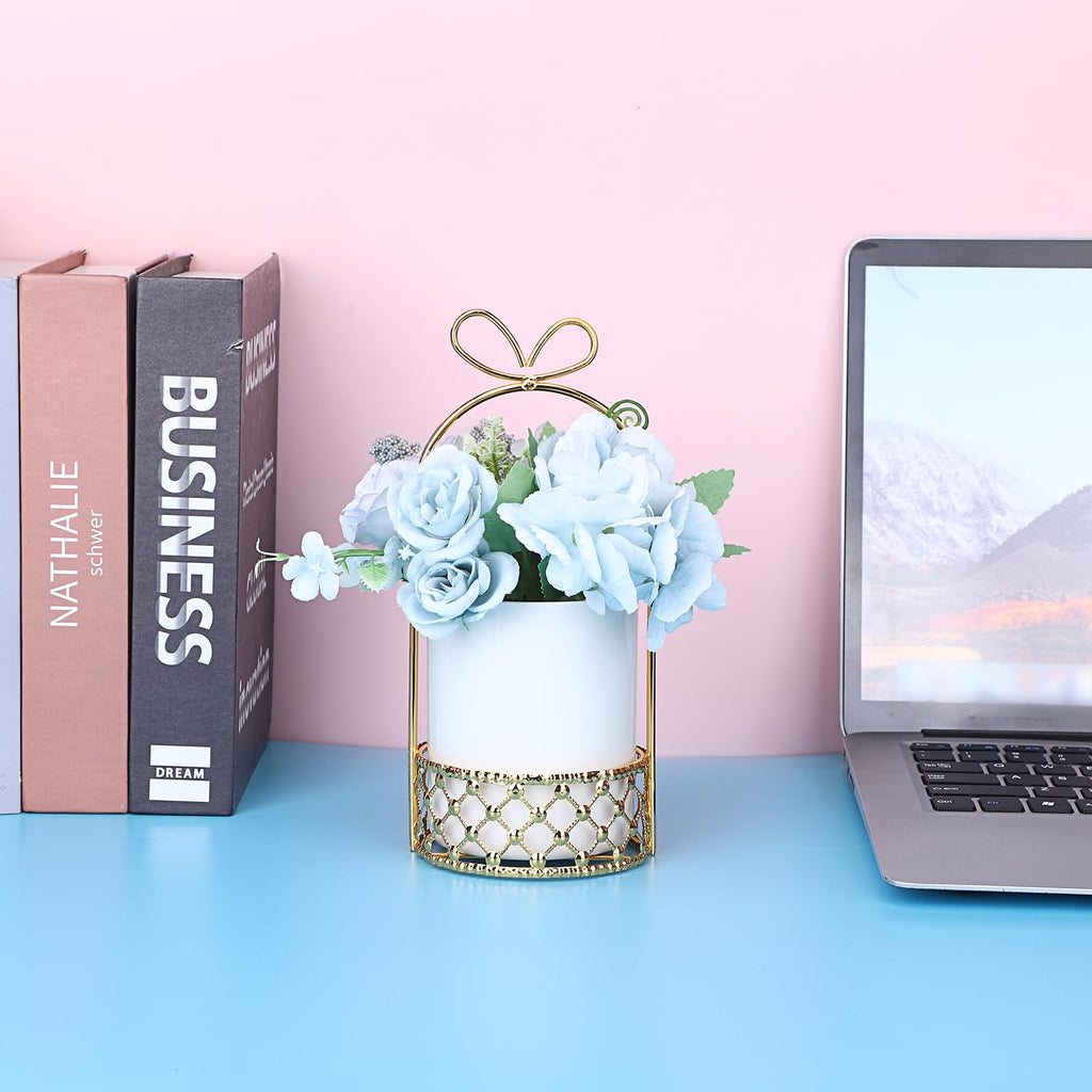 JUXYES Ceramic Silverware Holder For Tabletop, White Cutlery Holder With Golden Metal Bracket, Decorative Flatware Holder Countertop Utensil Holder Organizer for Wedding Kitchen Dining Tables