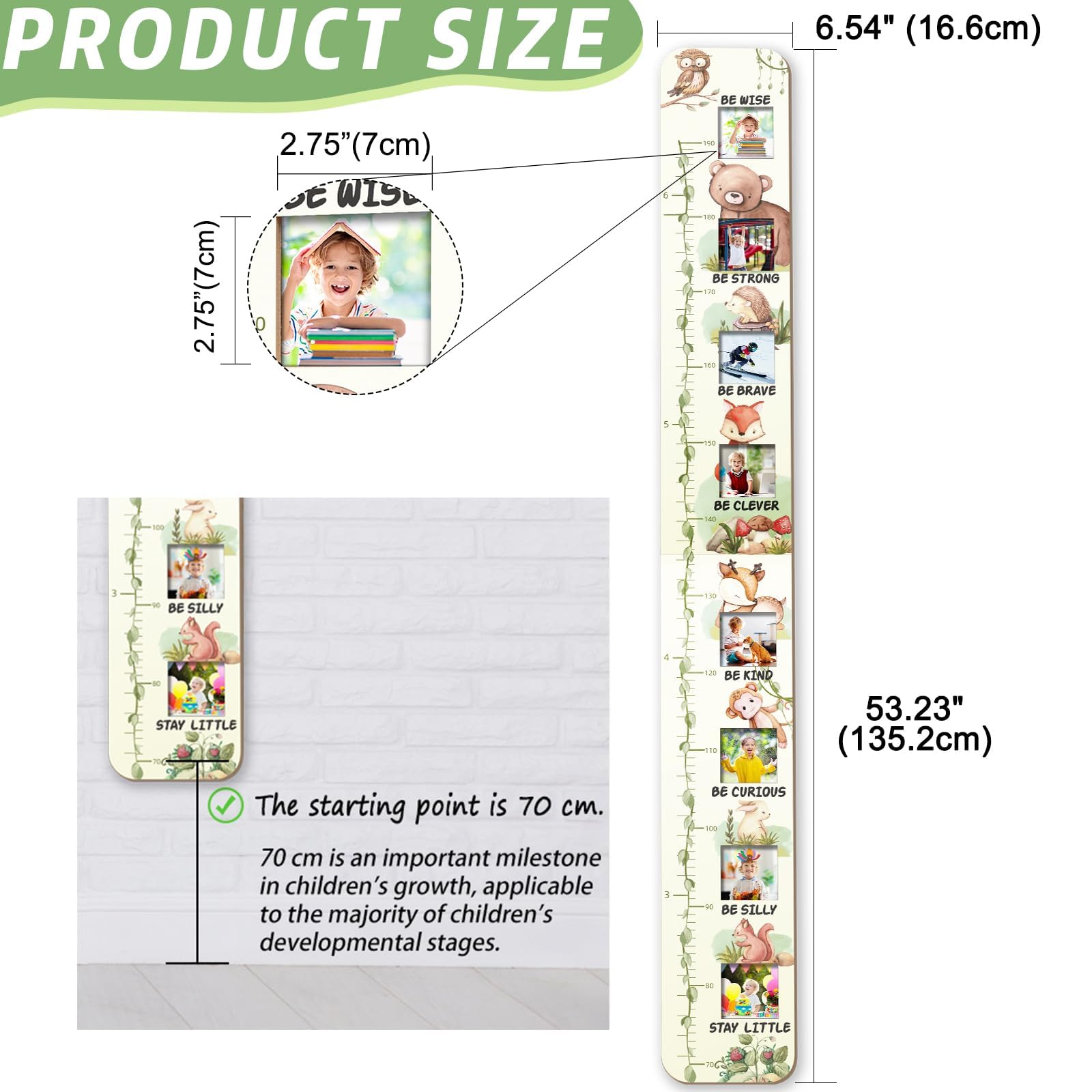 Garybank Solid Wood Growth Chart for Kids with Picture Frames, Height Measurement Ruler Milestone Markers, Foldable Kids Height Wall Chart, Christmas Keepsake Gift for Toddler Boy Girl Room Wall Decor