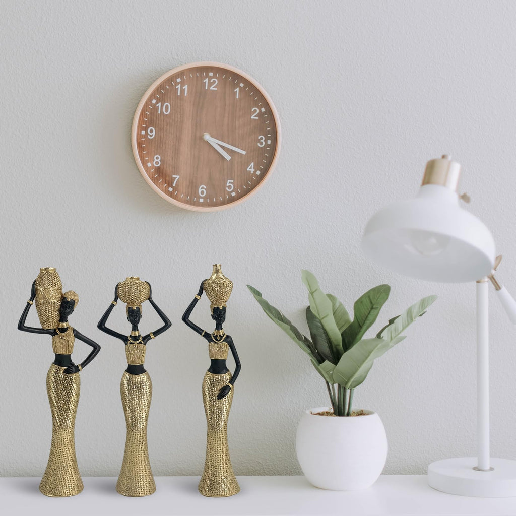 Set of 3 Resin African Woman Statues – Elegant Tribal Figurines in Gold Dresses, Afrocentric Home Decor Sculptures for Living Room, Bookshelf, Gift