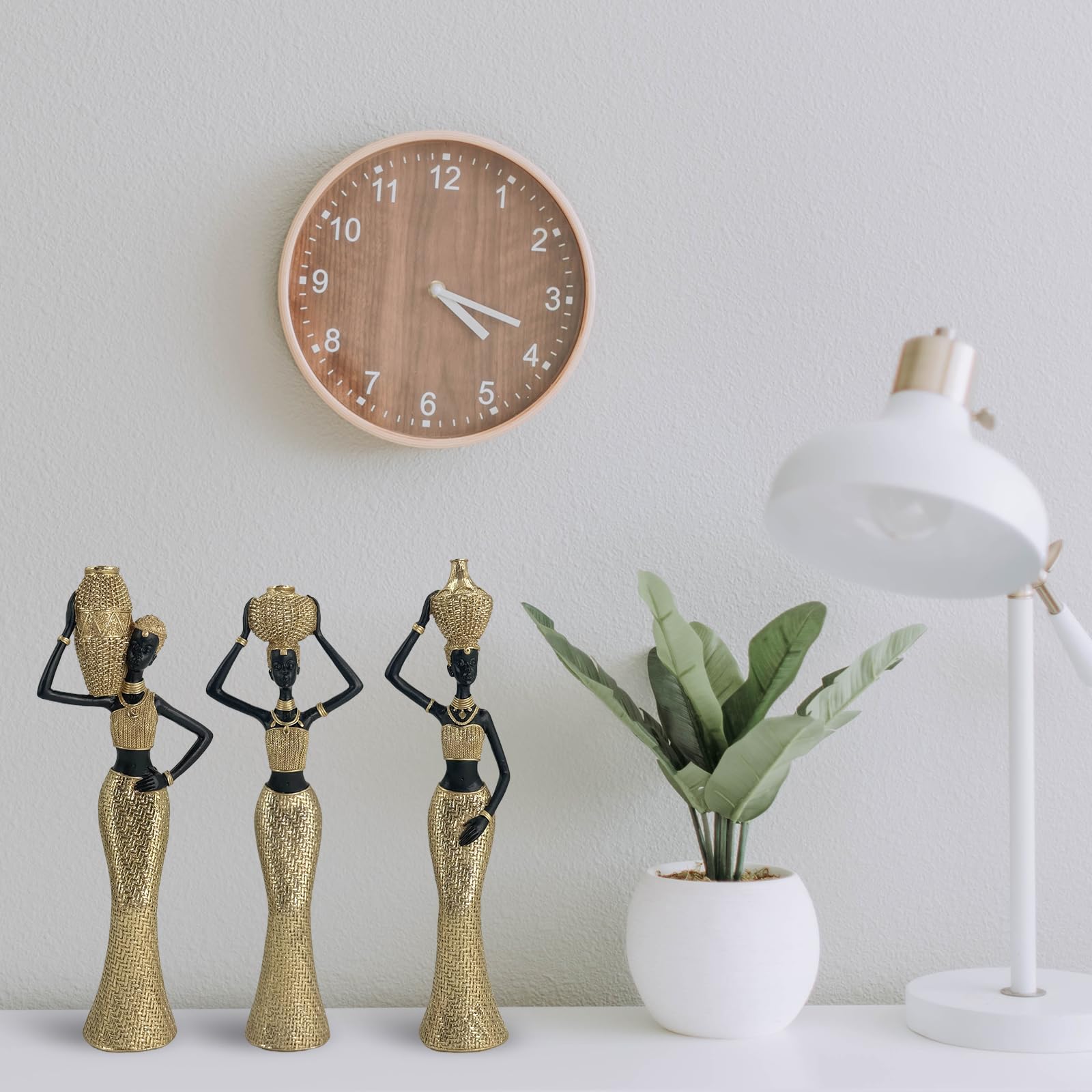 Set of 3 Resin African Woman Statues – Elegant Tribal Figurines in Gold Dresses, Afrocentric Home Decor Sculptures for Living Room, Bookshelf, Gift