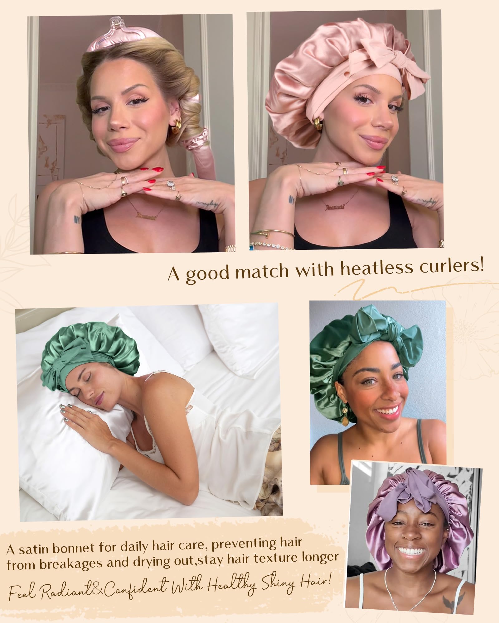 YANIBEST Silk Bonnet for Sleeping Women Satin Bonnet Double Layer Satin Lined Hair Bonnet with Tie Band Curly Hair Blush Pink