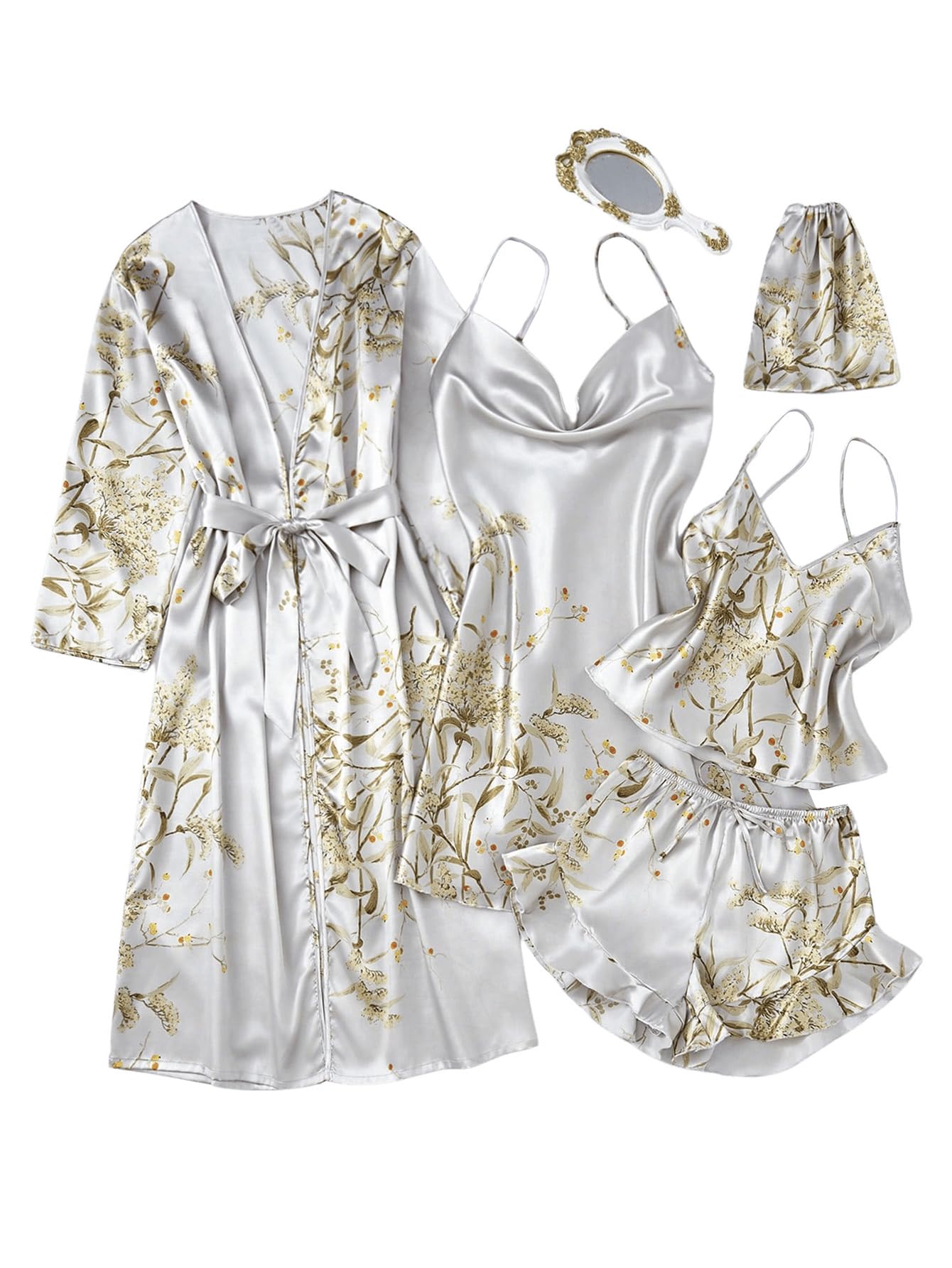GORGLITTER Women's 5 Piece Floral Print Satin Pajama Set Nightgown Robe Cami Shorts Sleepwear with Storage Bag