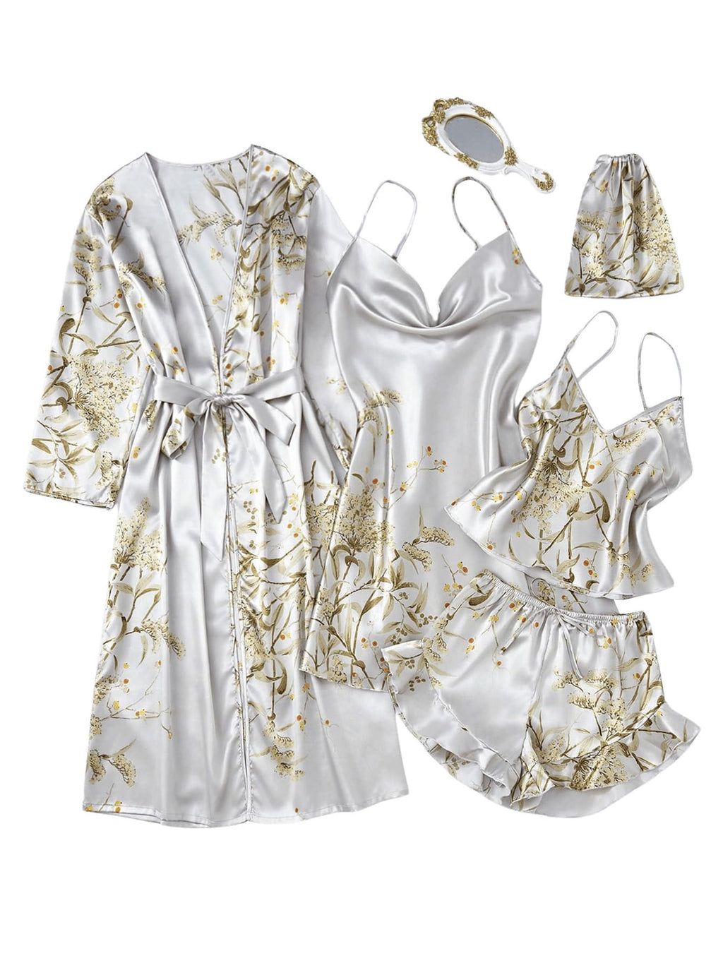 GORGLITTER Women's 5 Piece Floral Print Satin Pajama Set Nightgown Robe Cami Shorts Sleepwear with Storage Bag