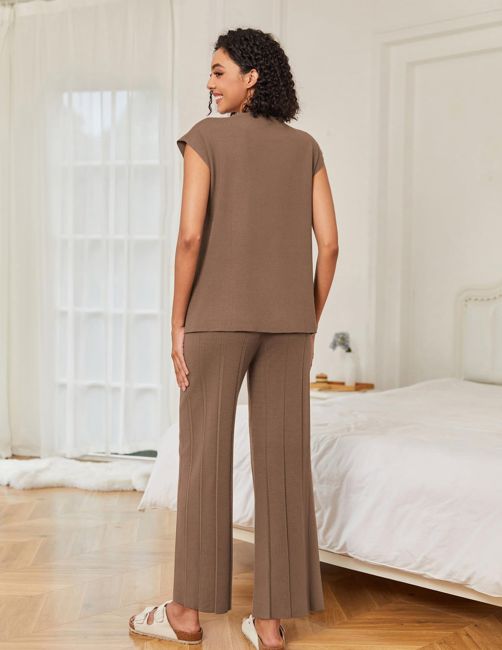 Ekouaer Lounge Sets for Women Two Piece Outfits Knit Cap Sleeve Tops Wide Leg Pleated Pants Casual Dressy Sweater Sets