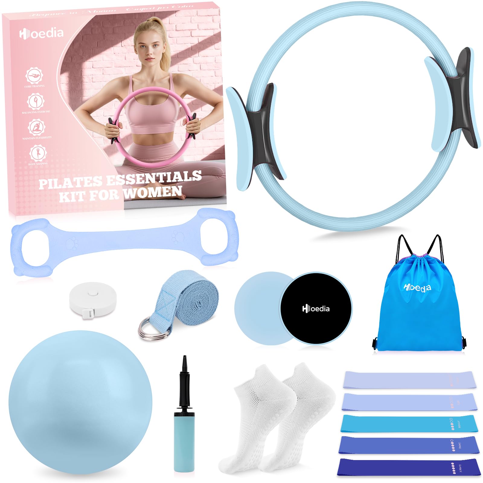 Hoedia 17 PCS Pilates Kit for Women, Pilates Equipment Ring and Ball Set with Resistance Bands, Yoga Strap, Core Sliders, Socks, Bag & Guide for Starter Home Workout Fitness Gym Essentials