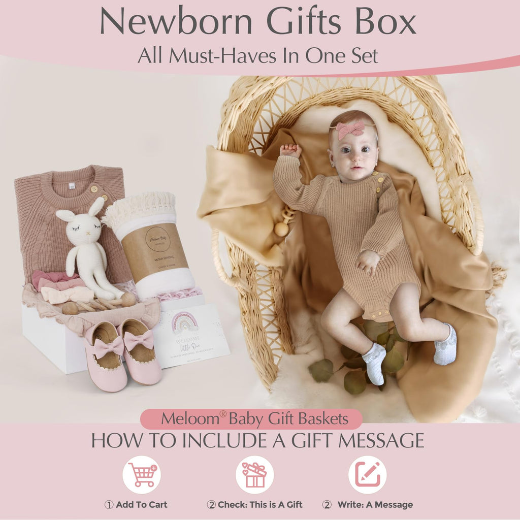 meloom Deluxe Baby Girl Gift Set, Newborn Baby Shower Gifts Basket, Newborn Gifts Box, Boho Baby Girl Essentials, Baby Shower Gifts for New Moms, Personalized New Baby Gifts