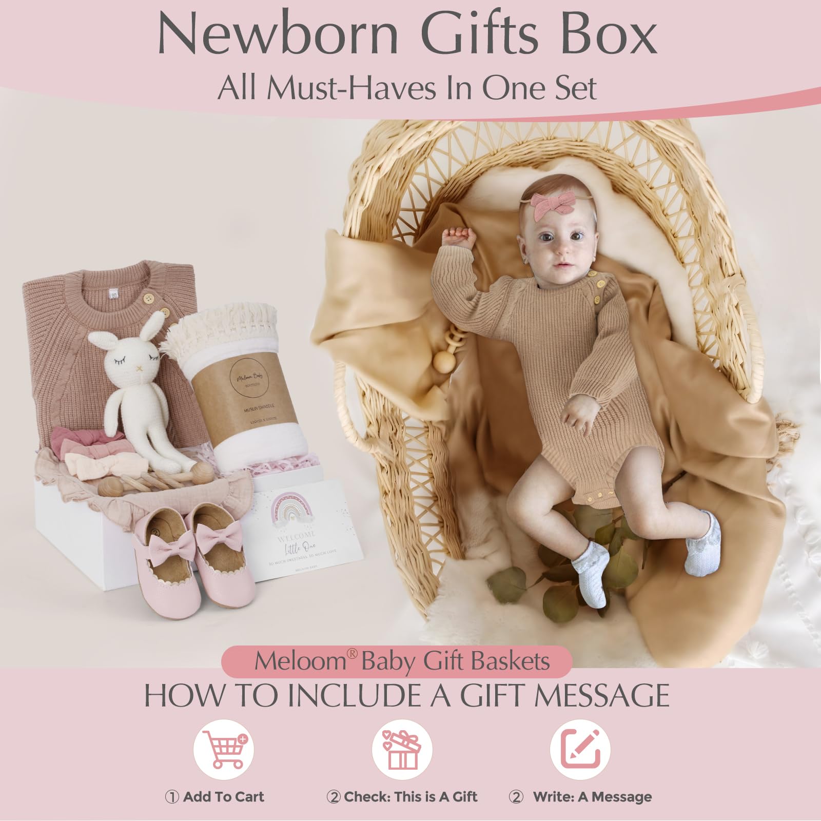 meloom Deluxe Baby Girl Gift Set, Newborn Baby Shower Gifts Basket, Newborn Gifts Box, Boho Baby Girl Essentials, Baby Shower Gifts for New Moms, Personalized New Baby Gifts