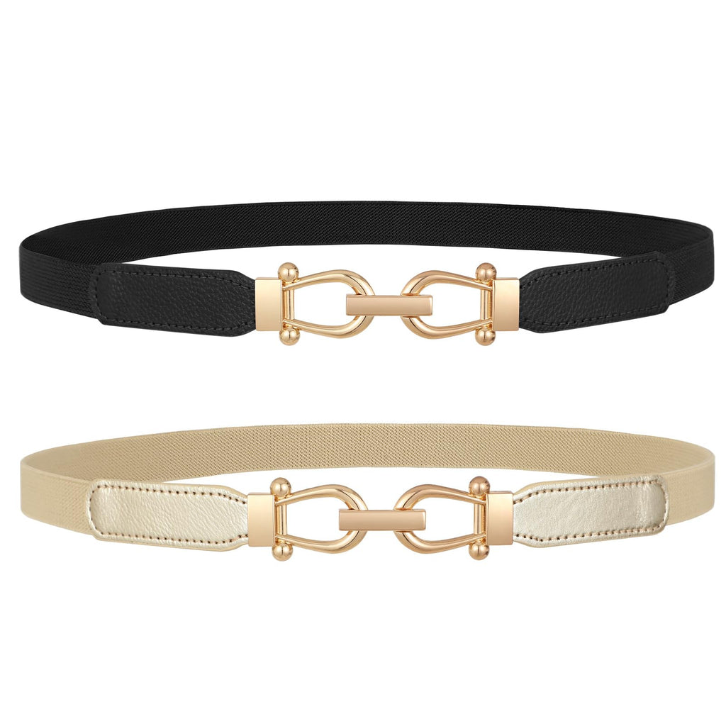JASGOOD Women Skinny Elastic Belt for Dresses,Thin Retro Stretch Waist Belt with Golden Buckle