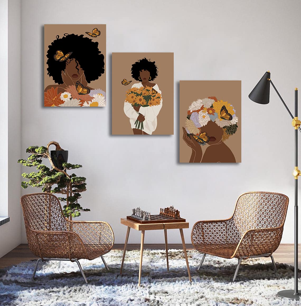 Framed Abstract African American Black Woman Canvas Wall Art, Boho Fashion Flower Art print, Black Women Bedroom Home Decor, Black Girl Poster