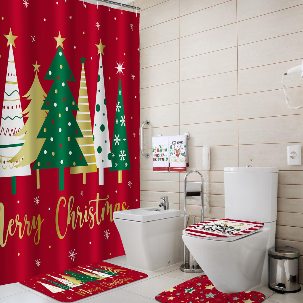 Honoson 8 Pcs Christmas Black Santa Claus Shower Curtain Set with Rugs and Kitchen Towels African American Retro Christmas Bathroom Decor Black Santa Curtain Decorations Xmas Farmhouse Gifts