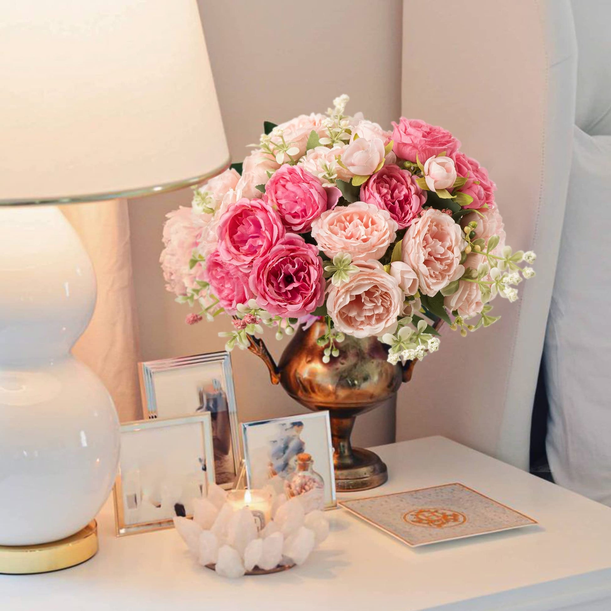 4 Bundles Artificial Peonies Silk Flowers, White Faux Peony Bouquet Florals Arrangements Decor for Farmhouse Home Boho Wedding Table Centerpiece, Fake Plastic Flowers Bulk Vase Decoration (White)
