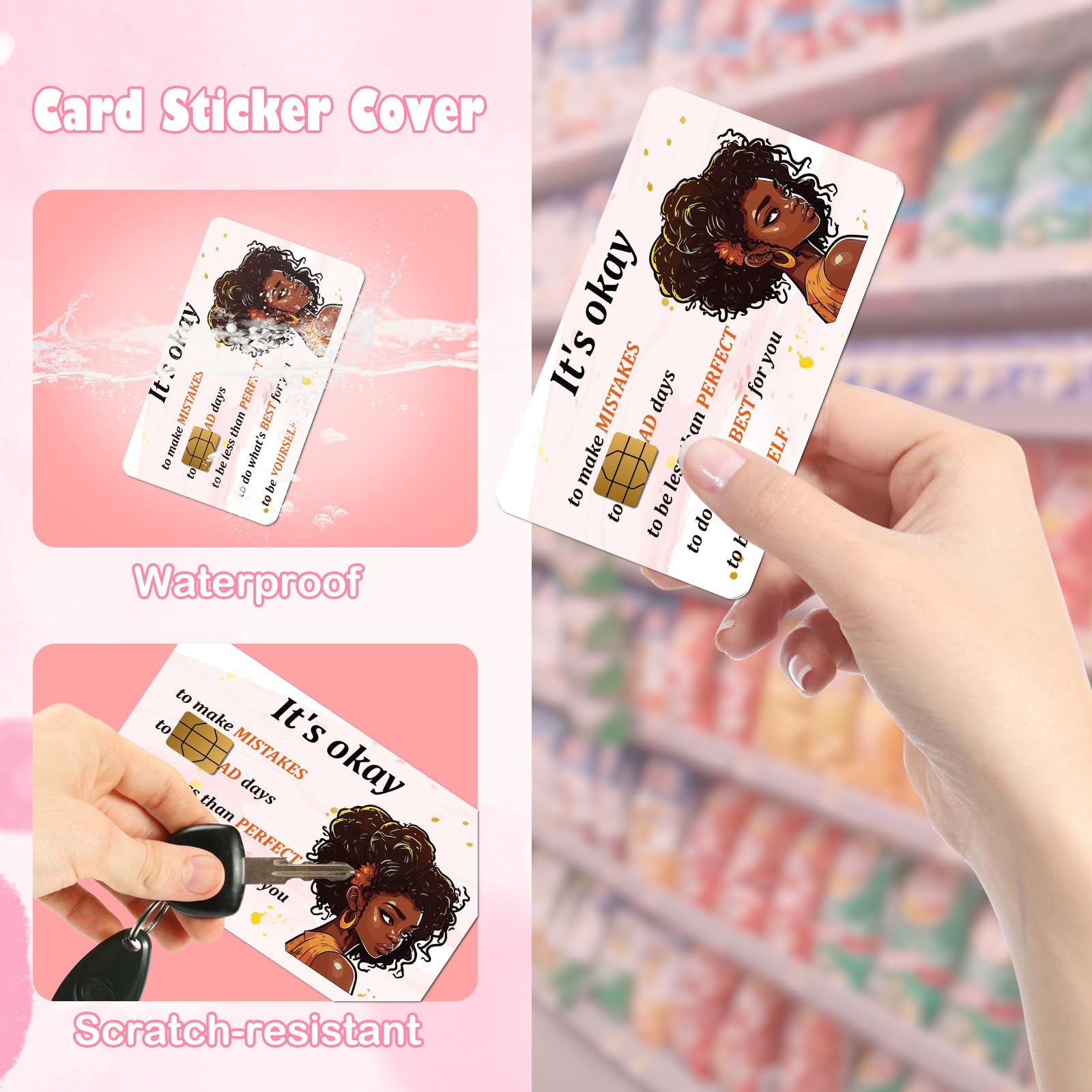 Credit Card Skin Stickers - 4 Pcs Black Women Debit Card Skin Stickers Cover Set, Affirmative Inspirational Black Girl Waterproof Removable Decals for DIY Transportation Cards