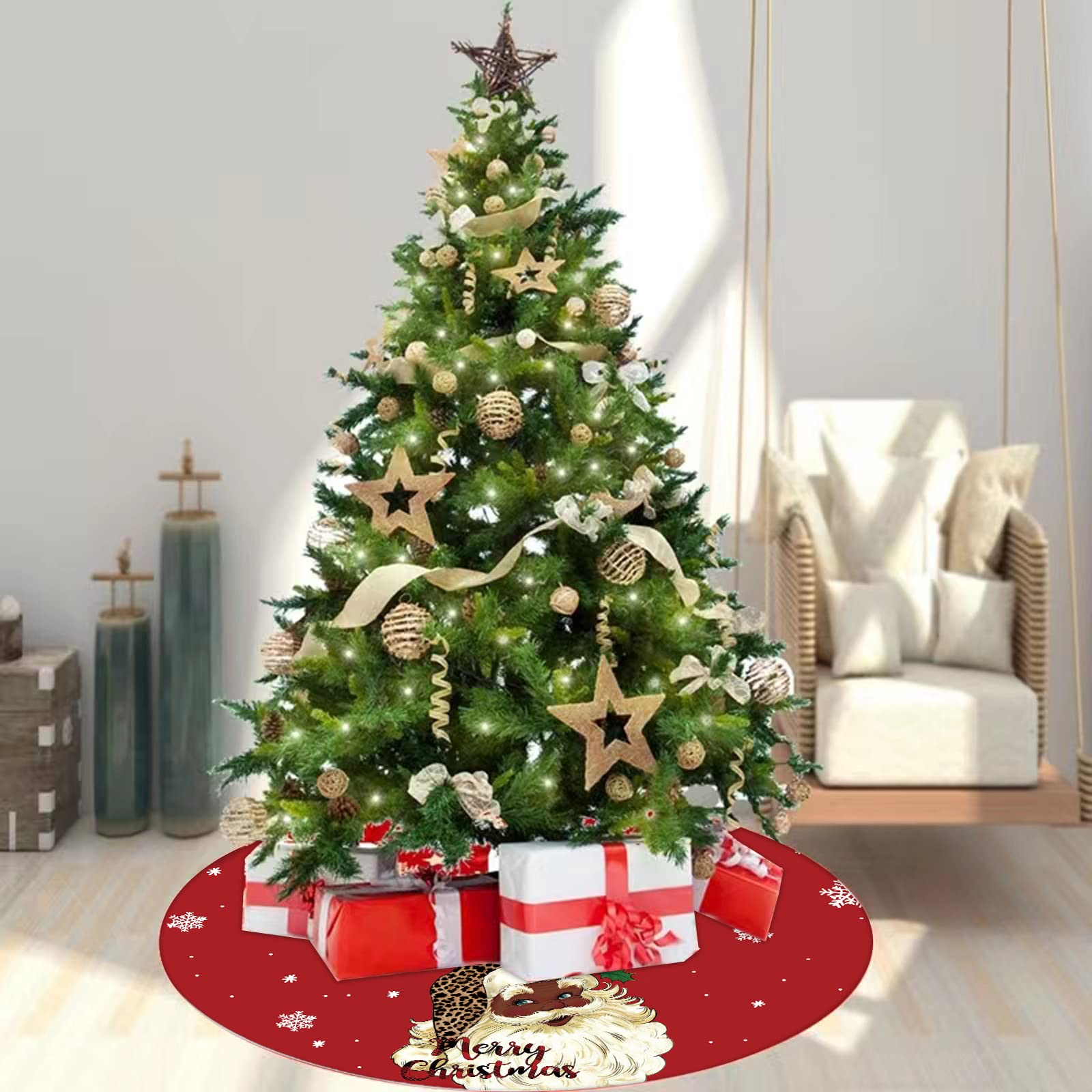 Christmas Tree Skirt Black Snowflake Black Santa African American Santa Tree Skirt 48inch Xmas Winter Tree Skirt for Christmas Indoor Outdoor Decorations