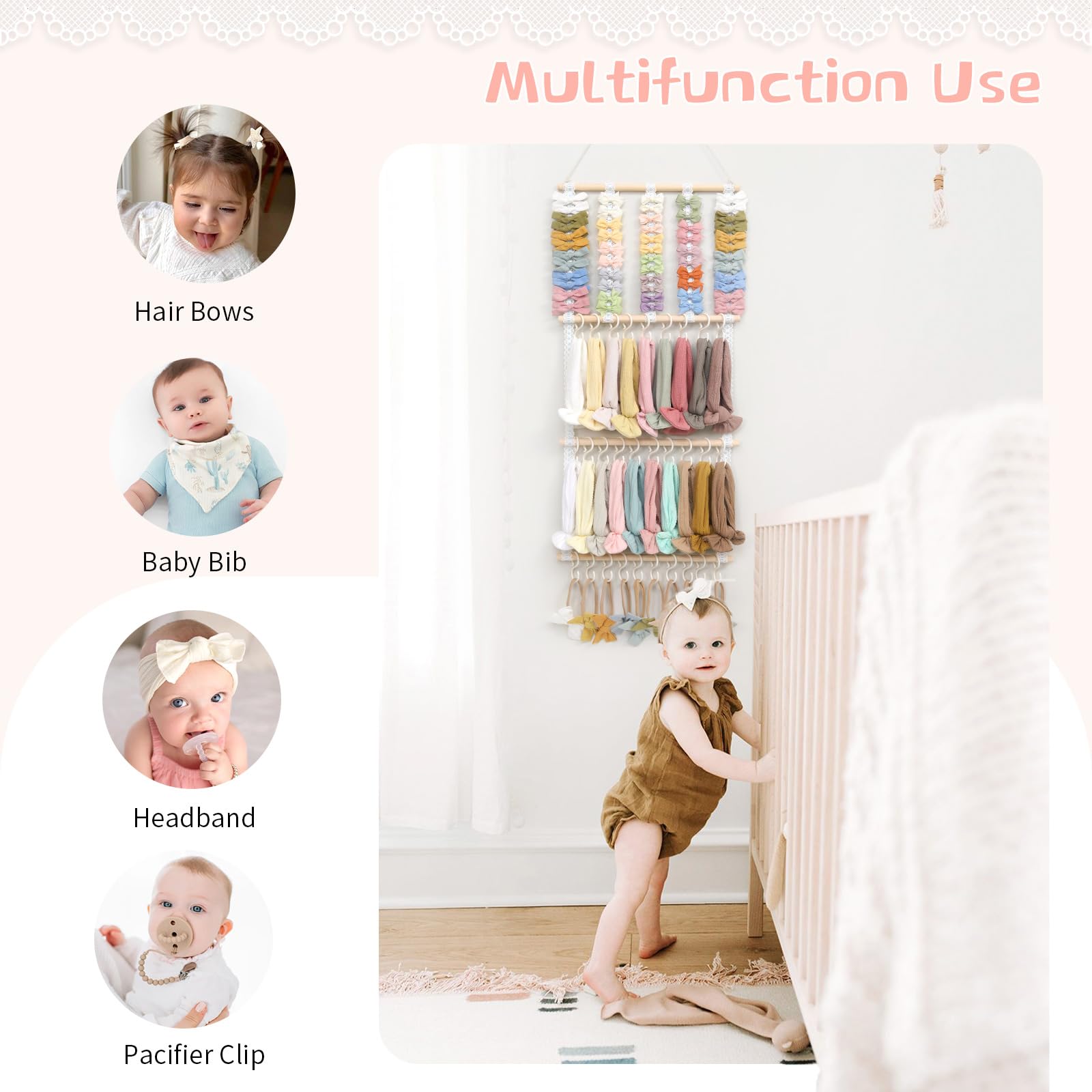 POVETIRE Headband Holder Hair Bows Organizer for Girls, Baby Headbands Hair Accessories Organizer Storage Wall Hanging Decor for Toddler Girls Room