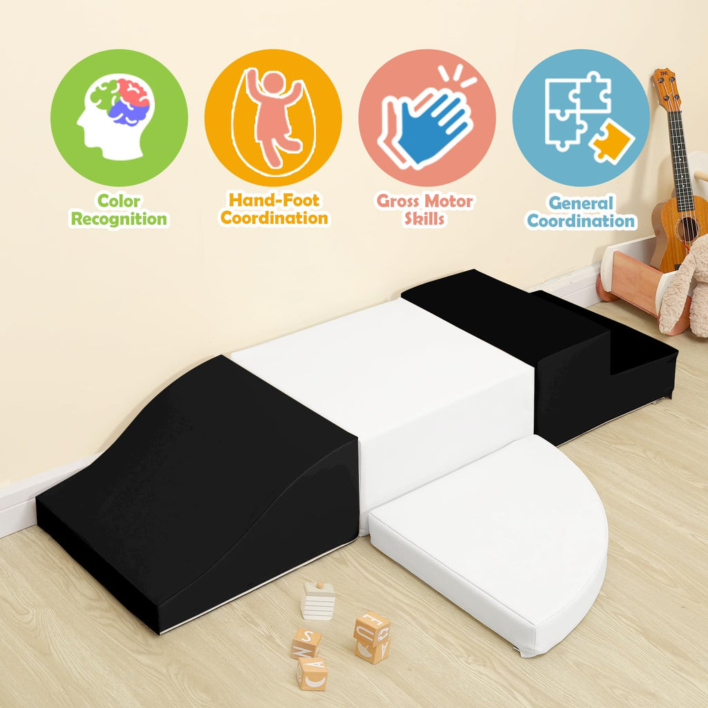 4-Piece Soft PU Leather Toddlers Climbing Toys, Baby Foam Climbing Blocks for Toddlers 3, Foam Play Gym Climbing Structures, Indoor Climb and Crawl Activity Play Set (White and Coffee)