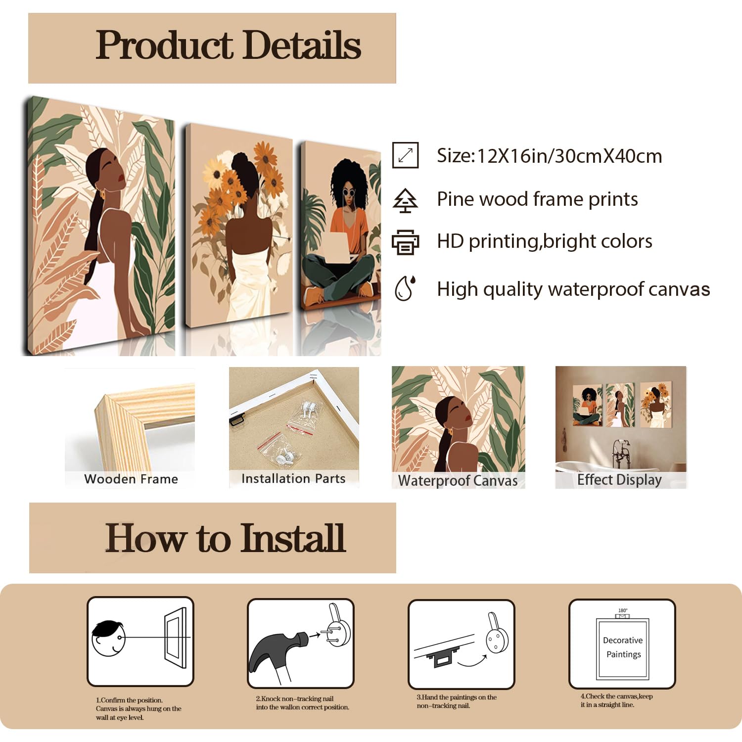 Framed Black Girl Wall Art Set of 3, Black Woman with Floral Pictures Wall Decor Paintings, Fashion African American Female Canvas Prints Home Decor for Living Room Bedroom Office 16x24 inch