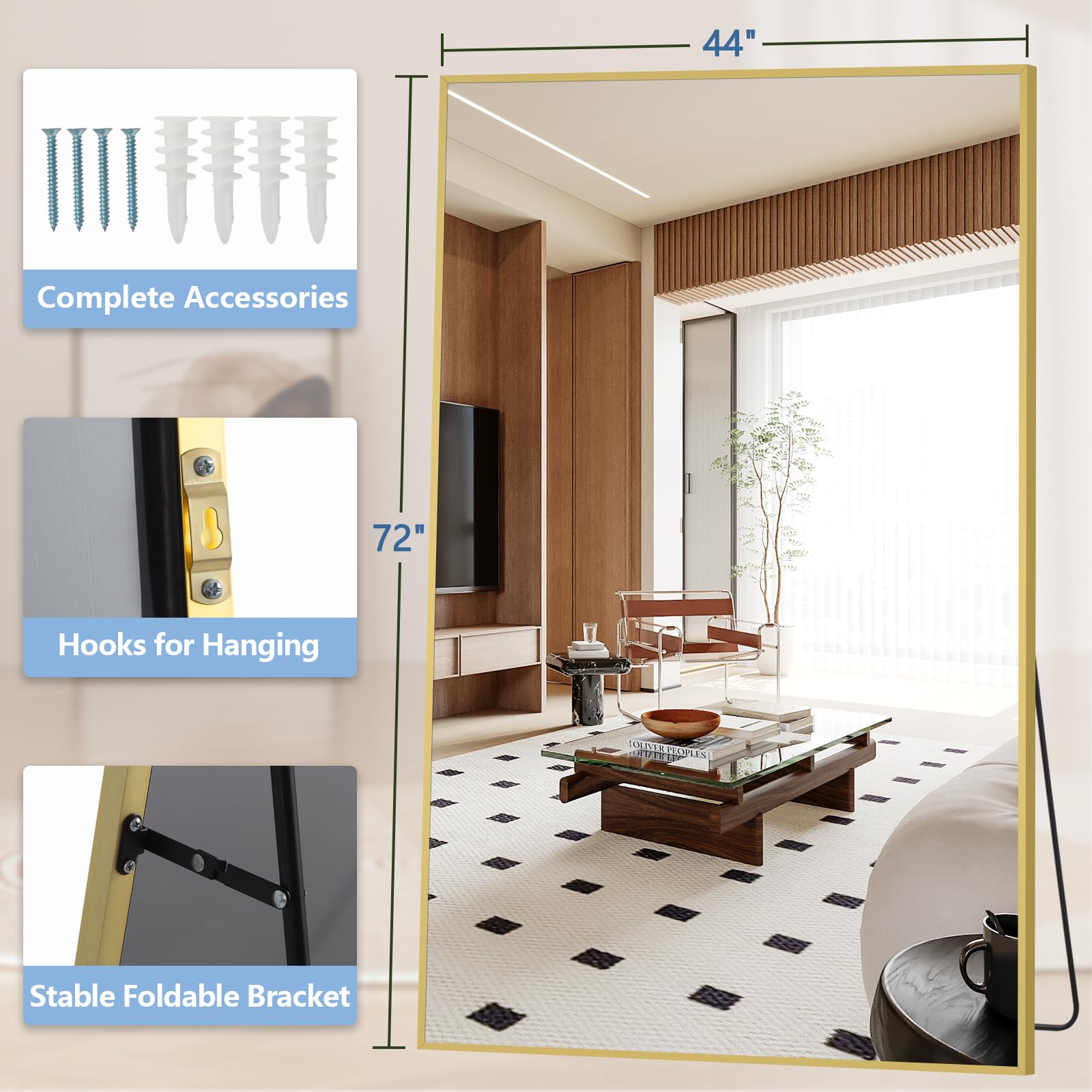 Oversized Floor Mirror Full Length with Stand, 72"X44" Extra Large Arch Standing Mirror Full Length, Tempered Glass Black Full Body Mirror for Bedroom Living Room, Aluminum Alloy Frame