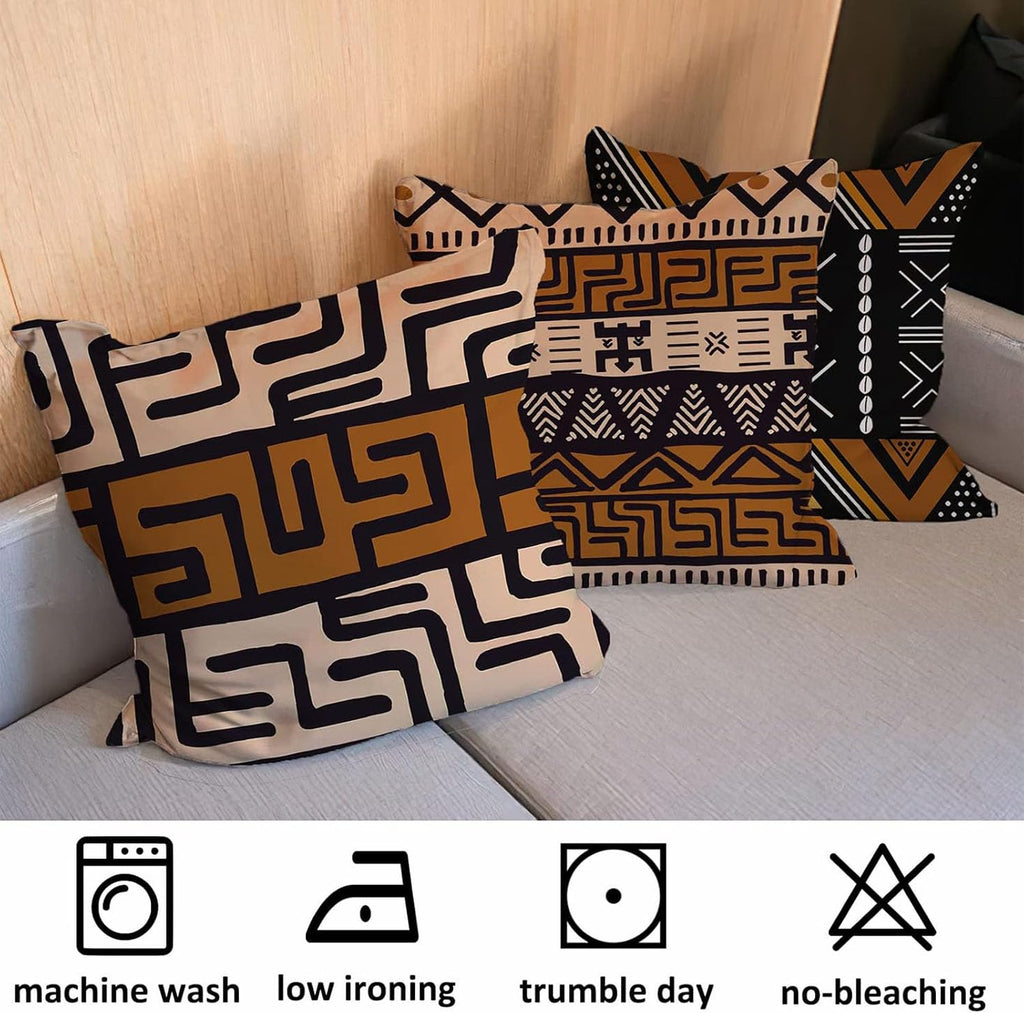 Western Native American Throw Pillow Covers 18X18 Southwestern Boho Aztec Navajo Turquoise Decorative Cushion Pillow Cases for Outdoor Home Decor Set of 4, Double Side Print (African Mudcloth)