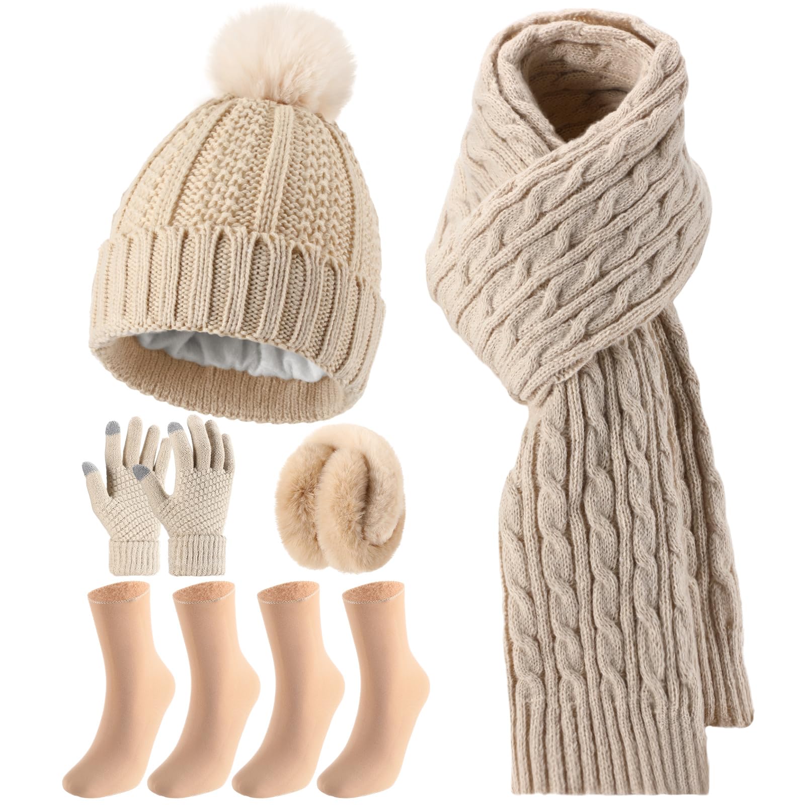 Geyoga 6 Pcs Winter Warm Set for Women Warm Beanies Hats Touchscreen Gloves Long Scarf Ear Muffs Socks Winter Gifts for Women