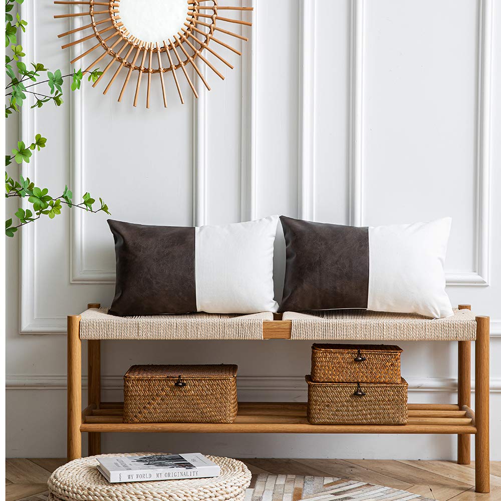 DEZENE Leather Throw Pillow Covers, Set of 2 Modern Leather/Cotton Decorative Pillowcases for Home Decor Bedroom Living Room Couch Bed Sofa, 18x18 Inch, Cognac-Brown and White