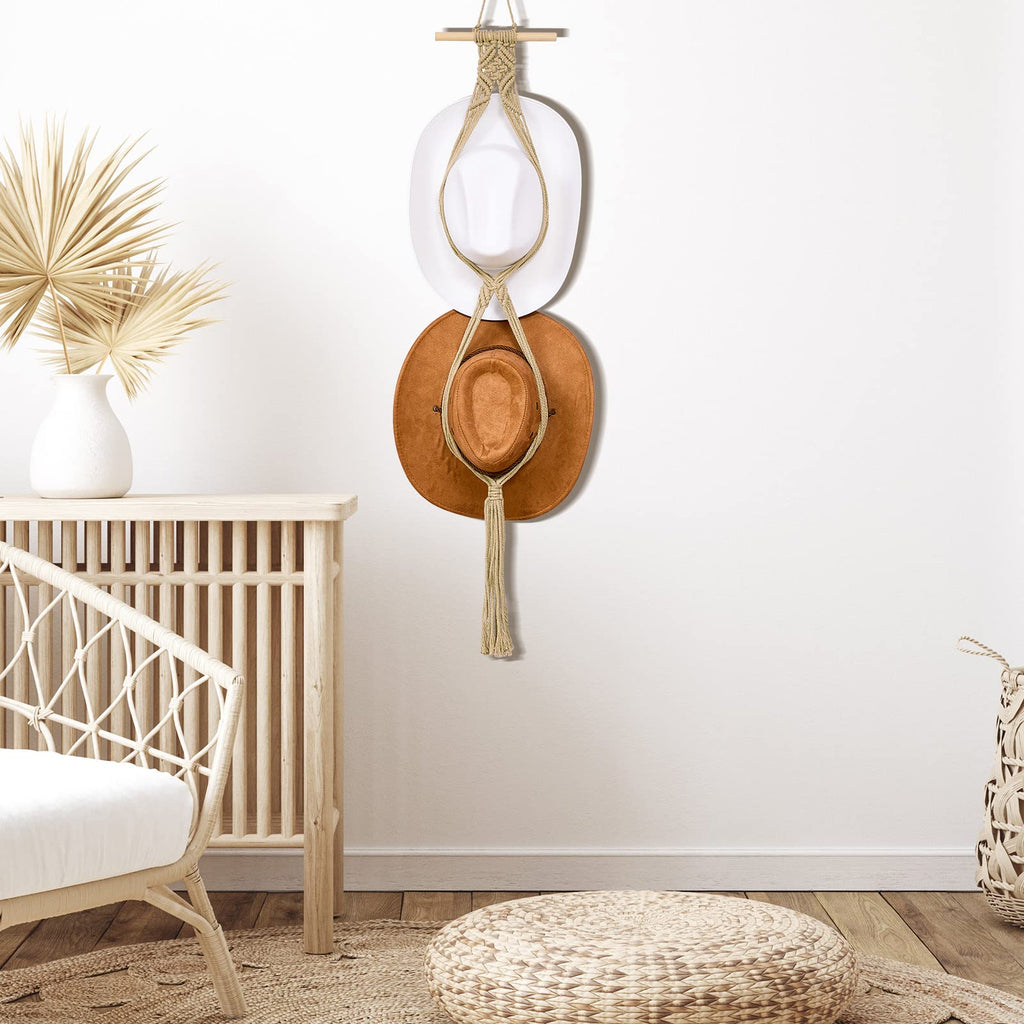 Yulejo Macrame Hat Hangers Boho Hat Rack for Wall Western Cowboy Hanging Organizer for Door Wall Room Bedroom