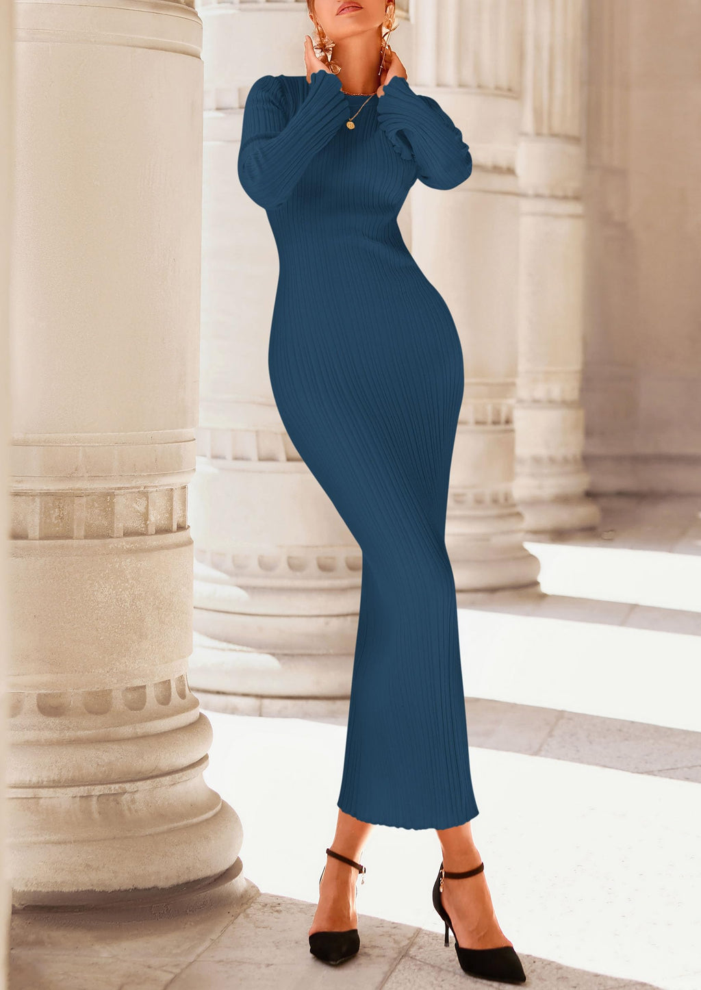 PRETTYGARDEN Sweater Dresses for Women 2025 Fall Bell Long Sleeve Crew Neck Bodycon Maxi Dress Winter Ribbed Knit Outfits