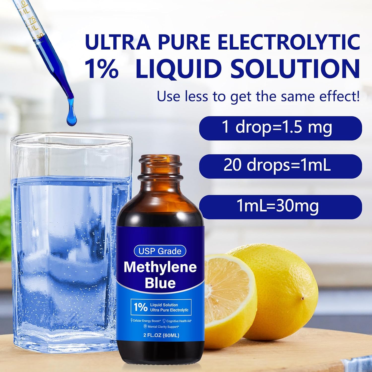 Methylene Blue Pharmaceutical Grade - Methylene Blue Drops 1%- USP Grade Ultra Pure Electrolytic - Nootropic Supplement for Humans