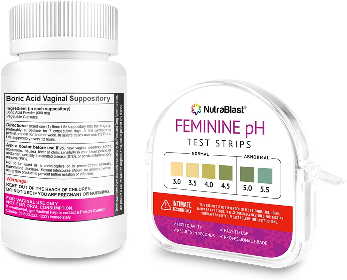 NutraBlast Boric Acid Vaginal Suppositories 600mg (30 Count) Bundle with Feminine pH Test Strips 3.0-5.5 (100 Tests Roll) | Monitor Intimate Health | Accurate Women’s Acidity & Alkalinity