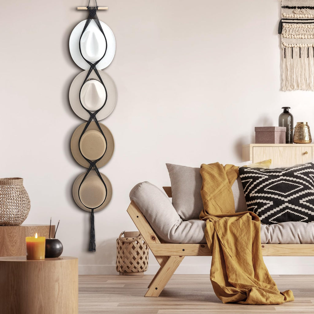 Yulejo Macrame Hat Hangers Boho Hat Rack for Wall Western Cowboy Hanging Organizer for Door Wall Room Bedroom