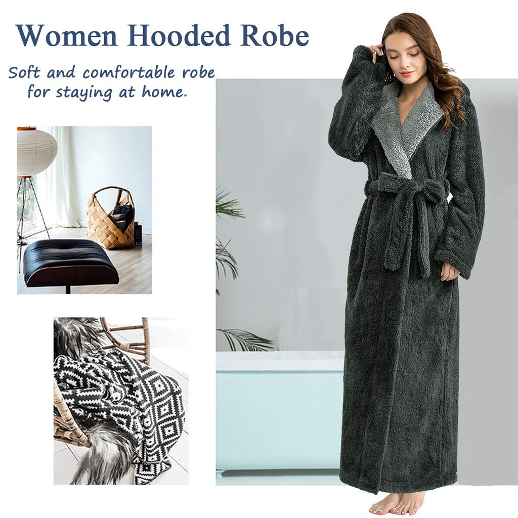 Hellomamma Long Hooded Robe for Women Luxurious Flannel Fleece Full Length Bathrobe Winter Warm Pajamas Shower Nightgown
